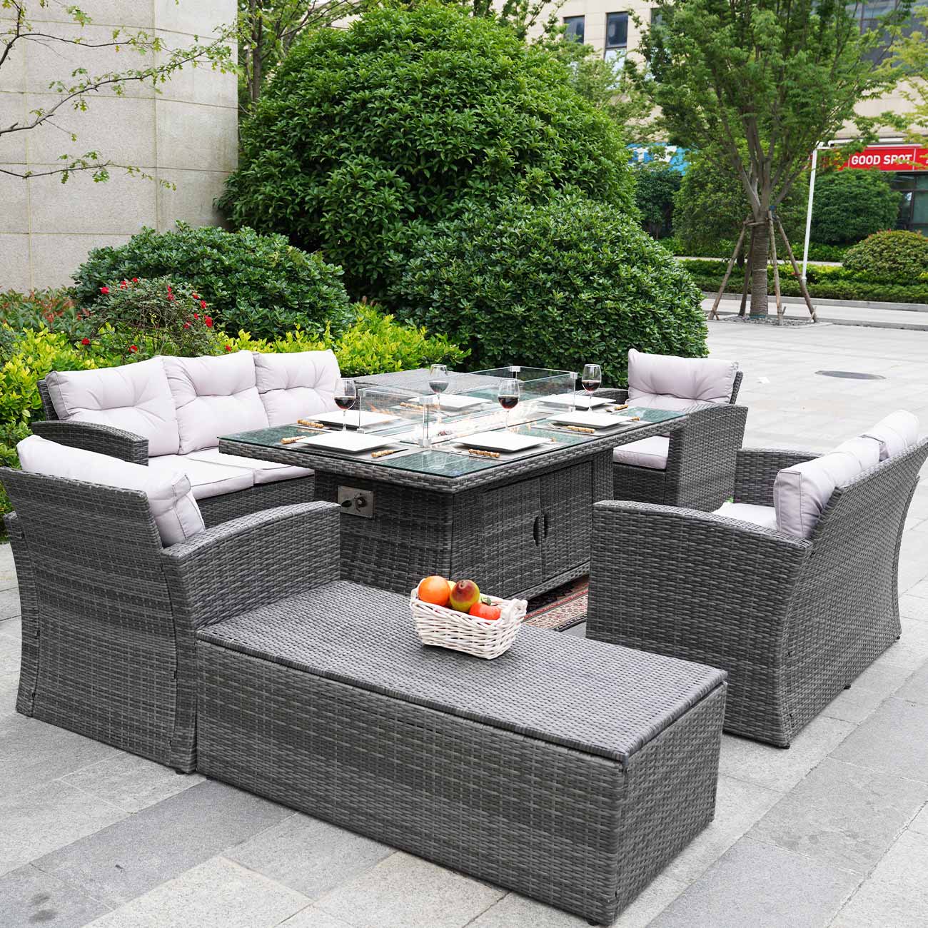 Abrihome Patio Furniture Sofa Set with Rectangular Fire Pit Glass Tabletop