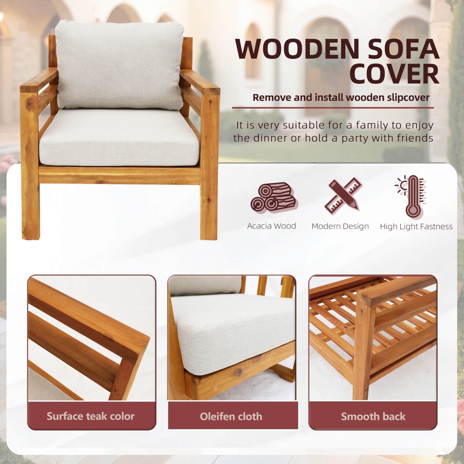 Teak-Look 5-Piece Patio Set with Plush Cushions(PAS-2520-19F-2SS+SS*2+TA+ST) - Abrihome