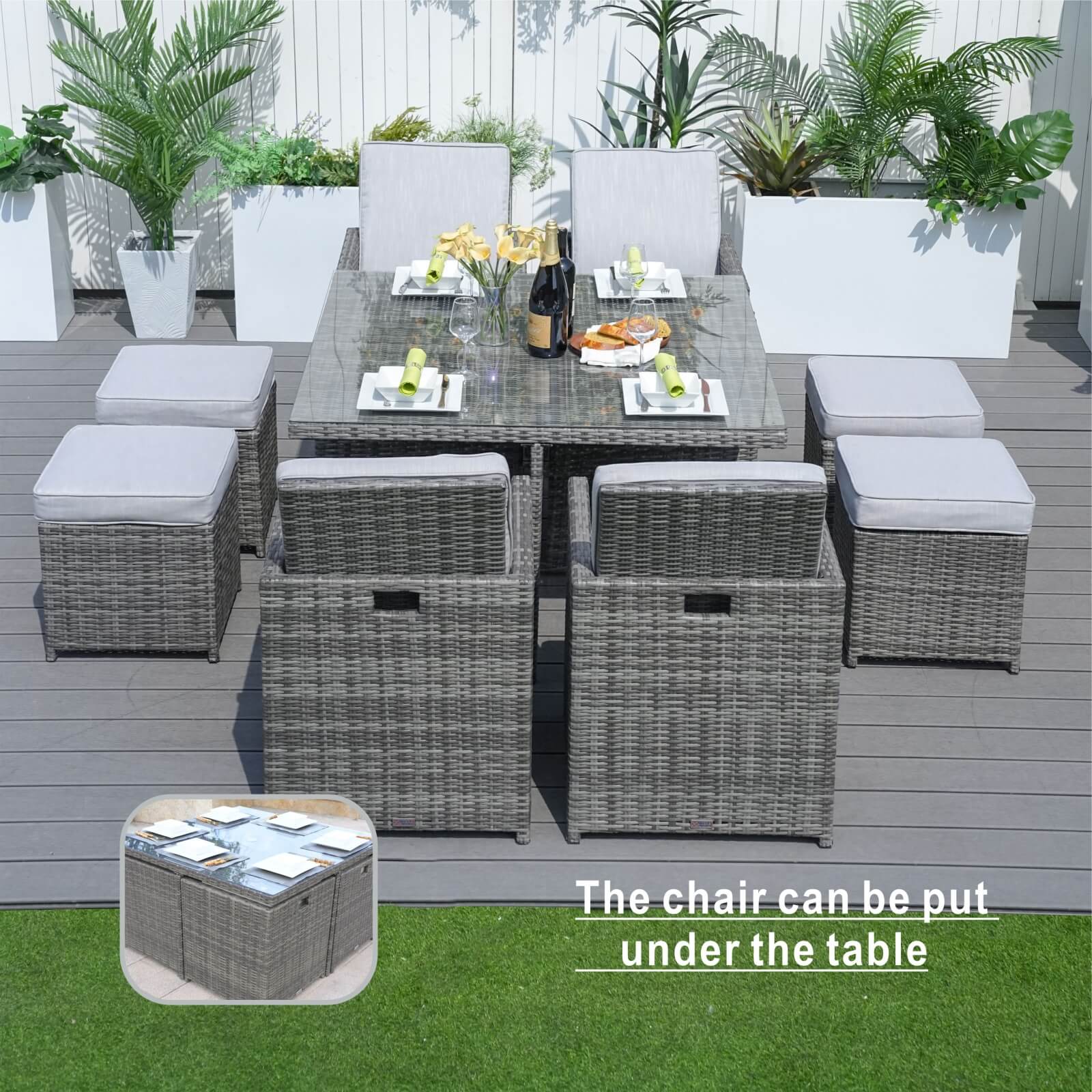 8-Seat Outdoor Dining Set with Cube Table and Ottomans (PAD-3233B) - Abrihome
