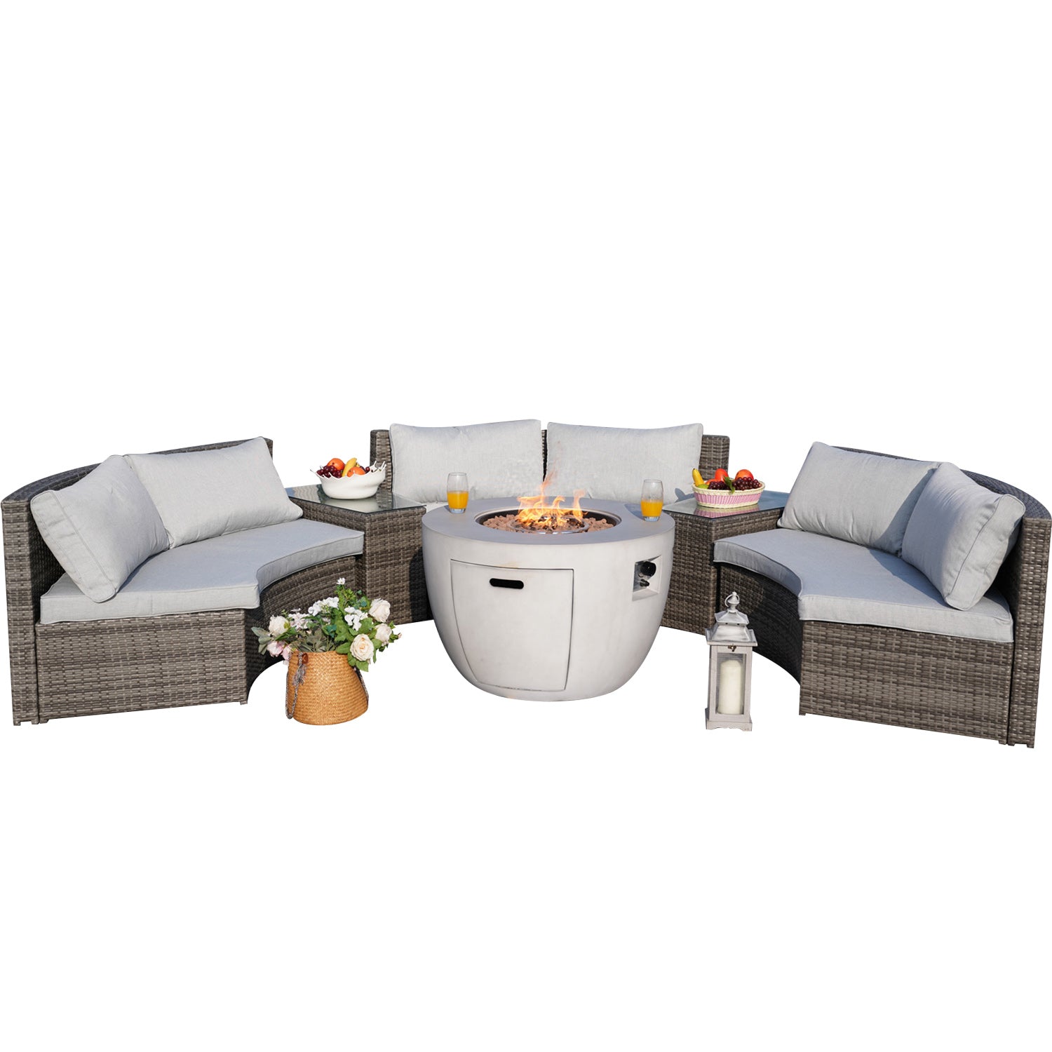 Abrihome Jessica 6 Piece Rattan Sectional Set with Fire Table and Cushions
