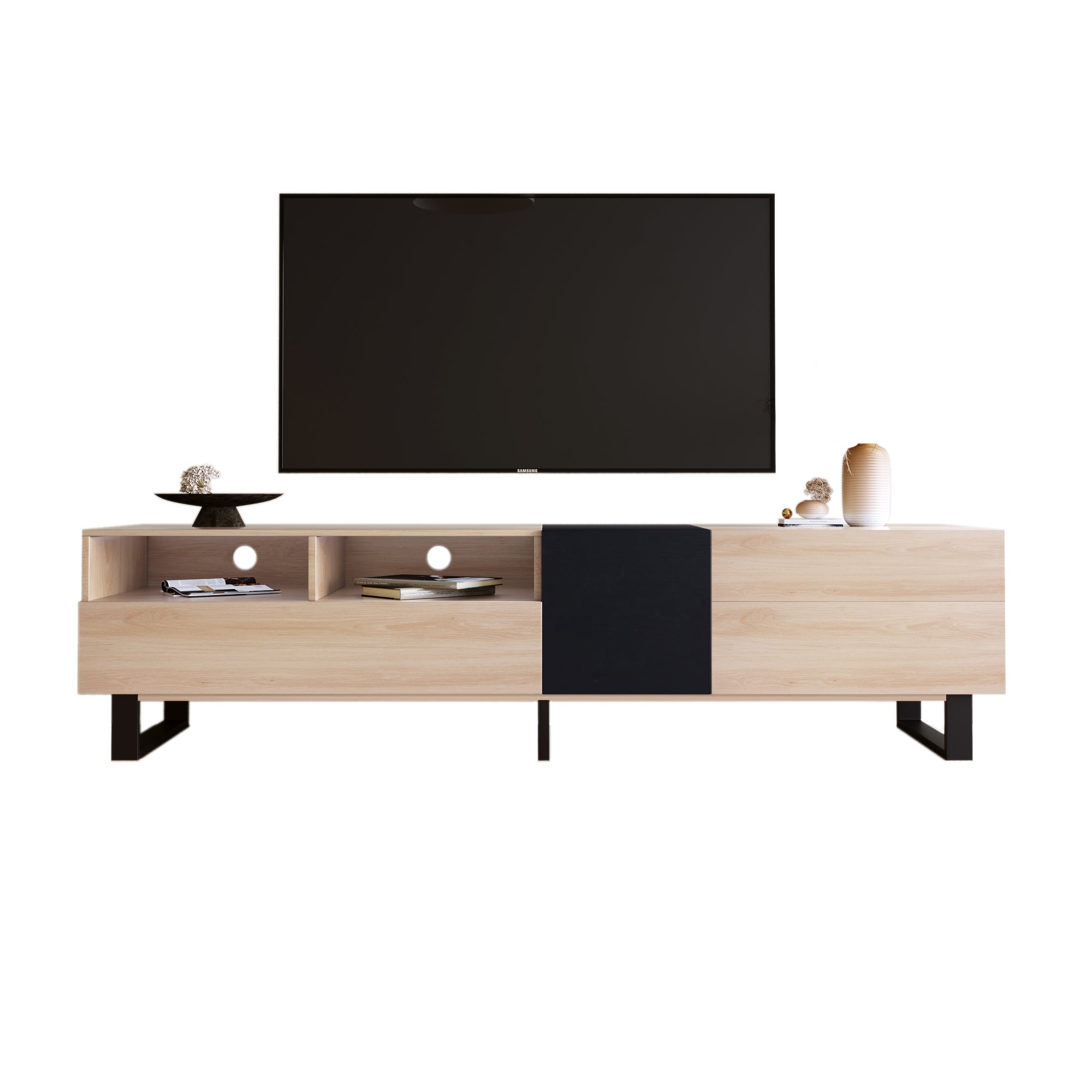 Modern TV Stand for 80'' TV with Double Storage Space, Media Console Table, Entertainment Center with Drop Down Door for Living Room, Bedroom, Home Theatre - Abrihome
