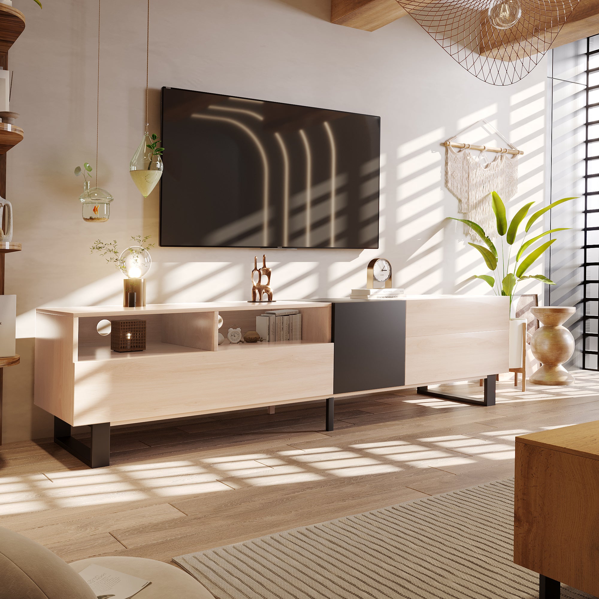 Modern TV Stand for 80'' TV with Double Storage Space, Media Console Table, Entertainment Center with Drop Down Door for Living Room, Bedroom, Home Theatre - Abrihome