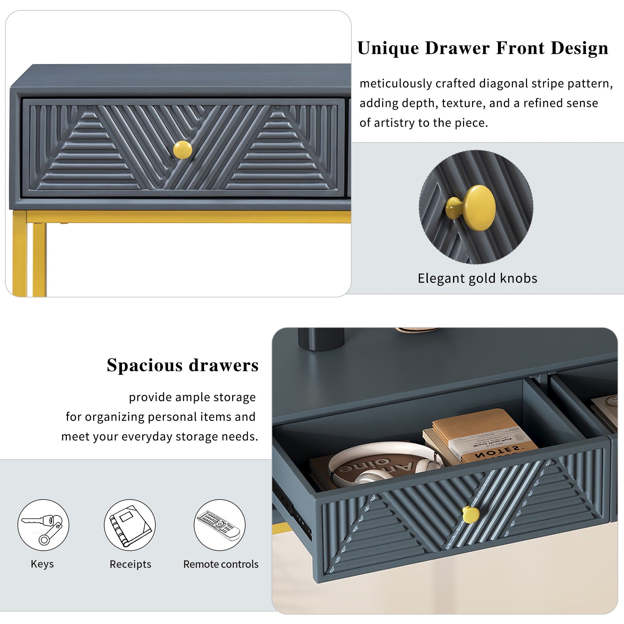 TREXM Modern Sleek Console Table Two Drawers with Stripe Design for Living Room and Entryway (Grey) - Abrihome