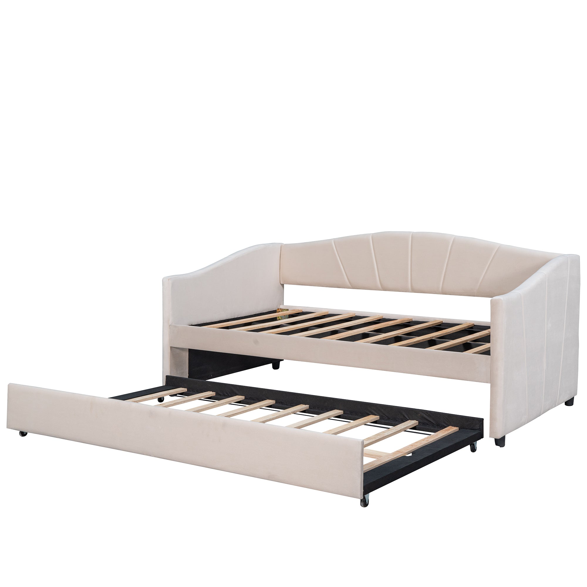 Upholstered Daybed Sofa Bed Twin Size With Trundle Bed and Wood Slat ,Beige - Abrihome