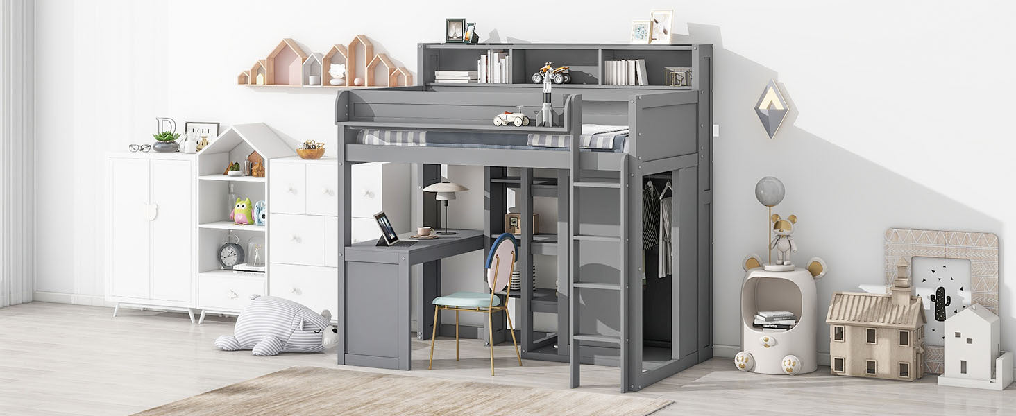 Wood Twin Size Loft bed with Multiple Storage Shelves and Wardrobe, Gray - Abrihome