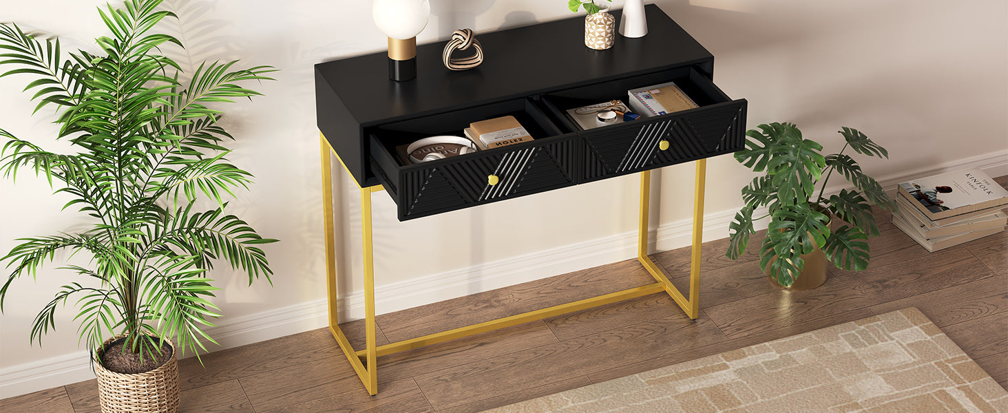 TREXM Modern Sleek Console Table Two Drawers with Stripe Design for Living Room and Entryway (Black) - Abrihome