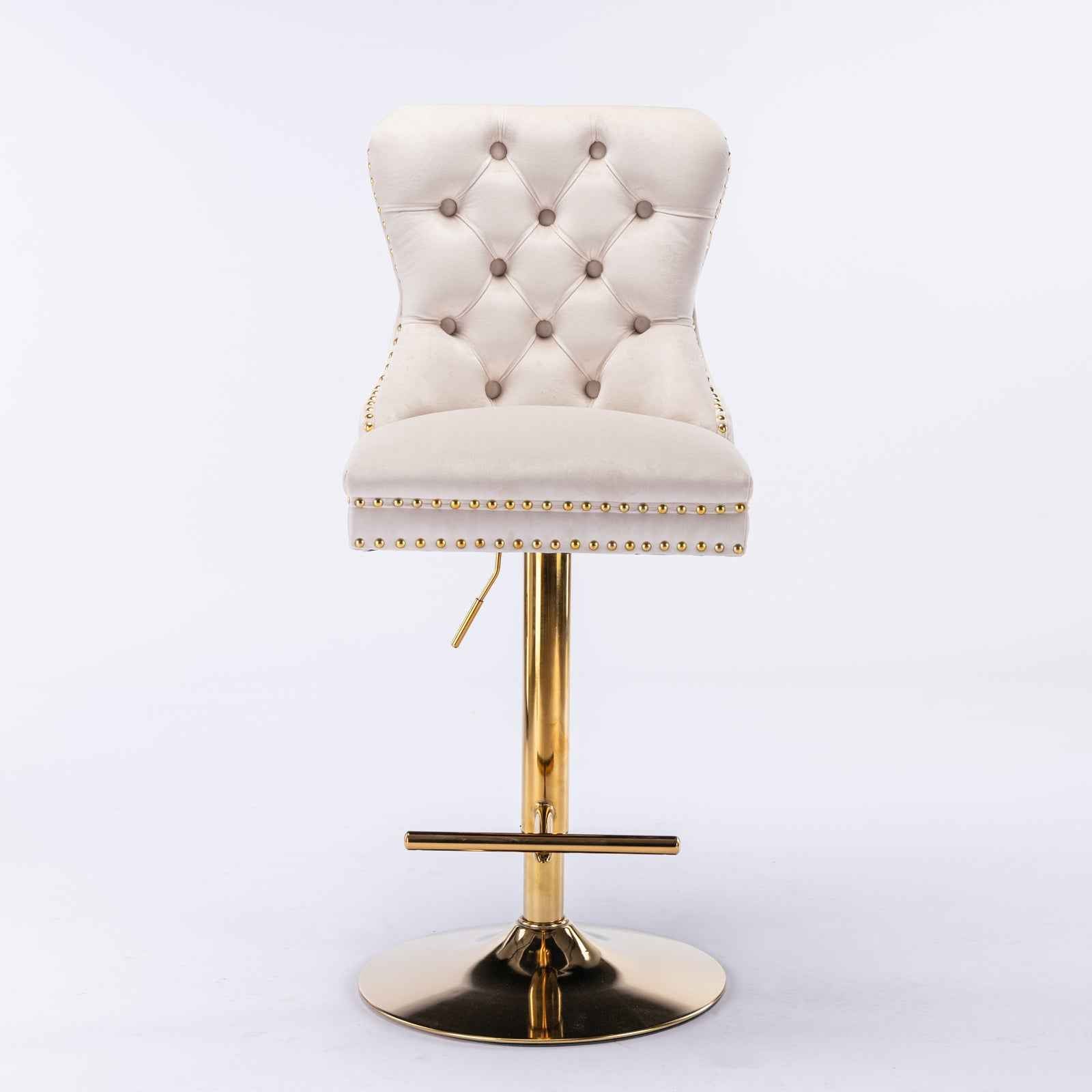 A&A Furniture,Thick Golden Swivel Velvet Barstools Adjusatble Seat Height from 27-35 Inch, Modern Upholstered Bar Stools with Backs Comfortable Tufted for Home Pub and Kitchen Island (Beige,Set of 2)