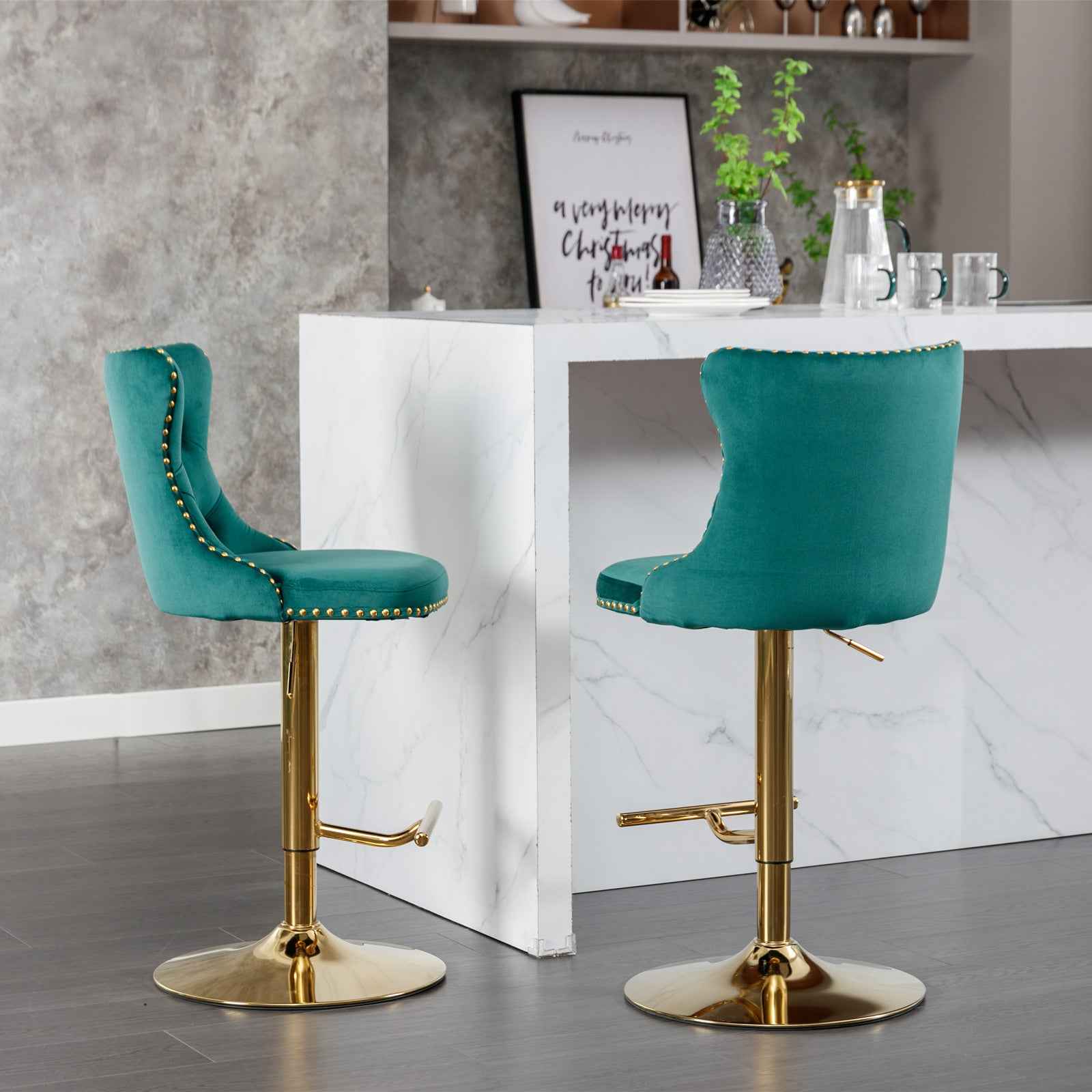 A&A Furniture,Golden Swivel Velvet Barstools Adjusatble Seat Height from 25-33 Inch, Modern Upholstered Bar Stools with Backs Comfortable Tufted for Home Pub and Kitchen Island(Green,Set of 2)
