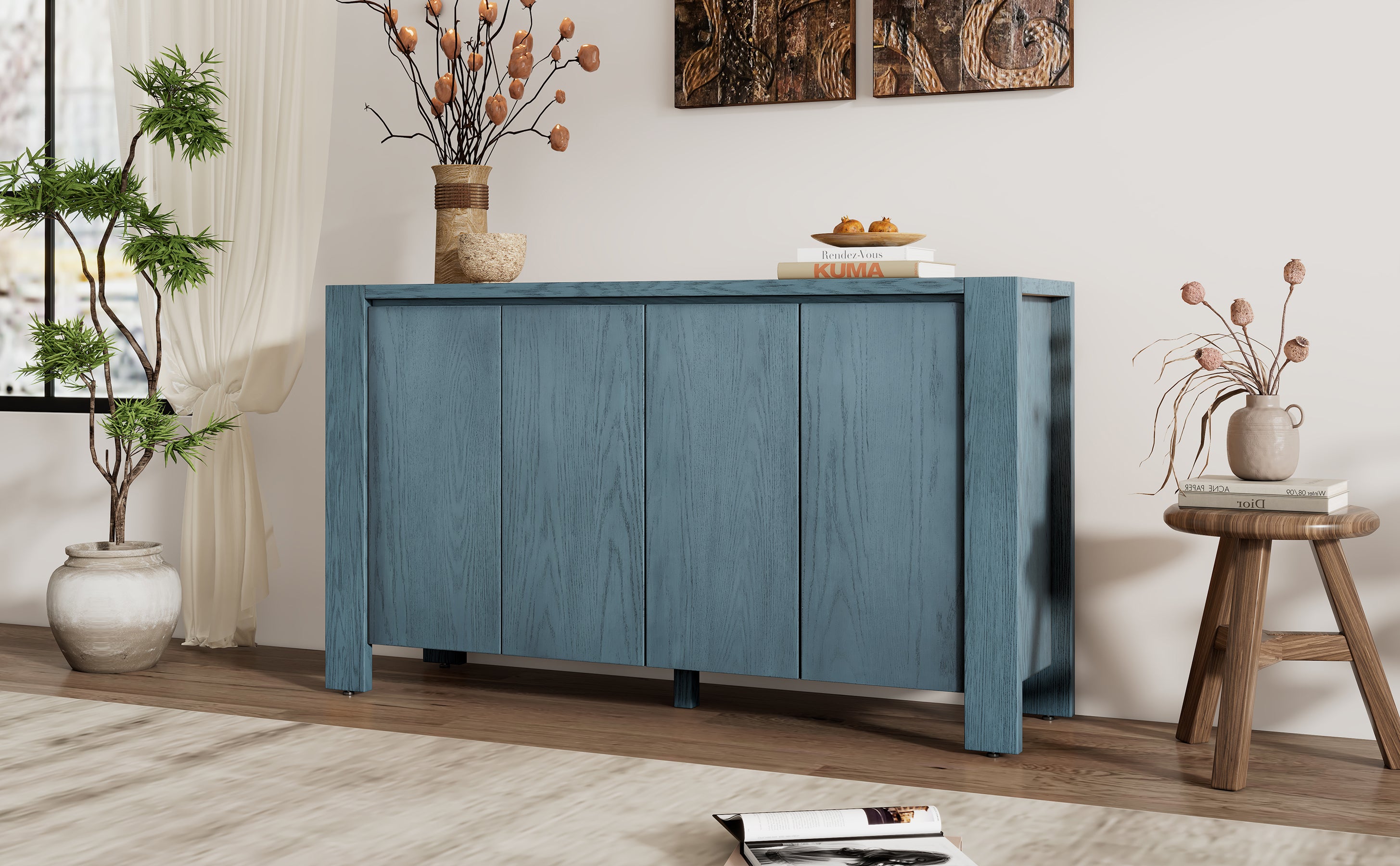 TREXM Retro 4-door Sideboard with Distressed Finish and Adjustable Shelves for Dining Room, Kitchen, and Living Room (Navy) - Abrihome