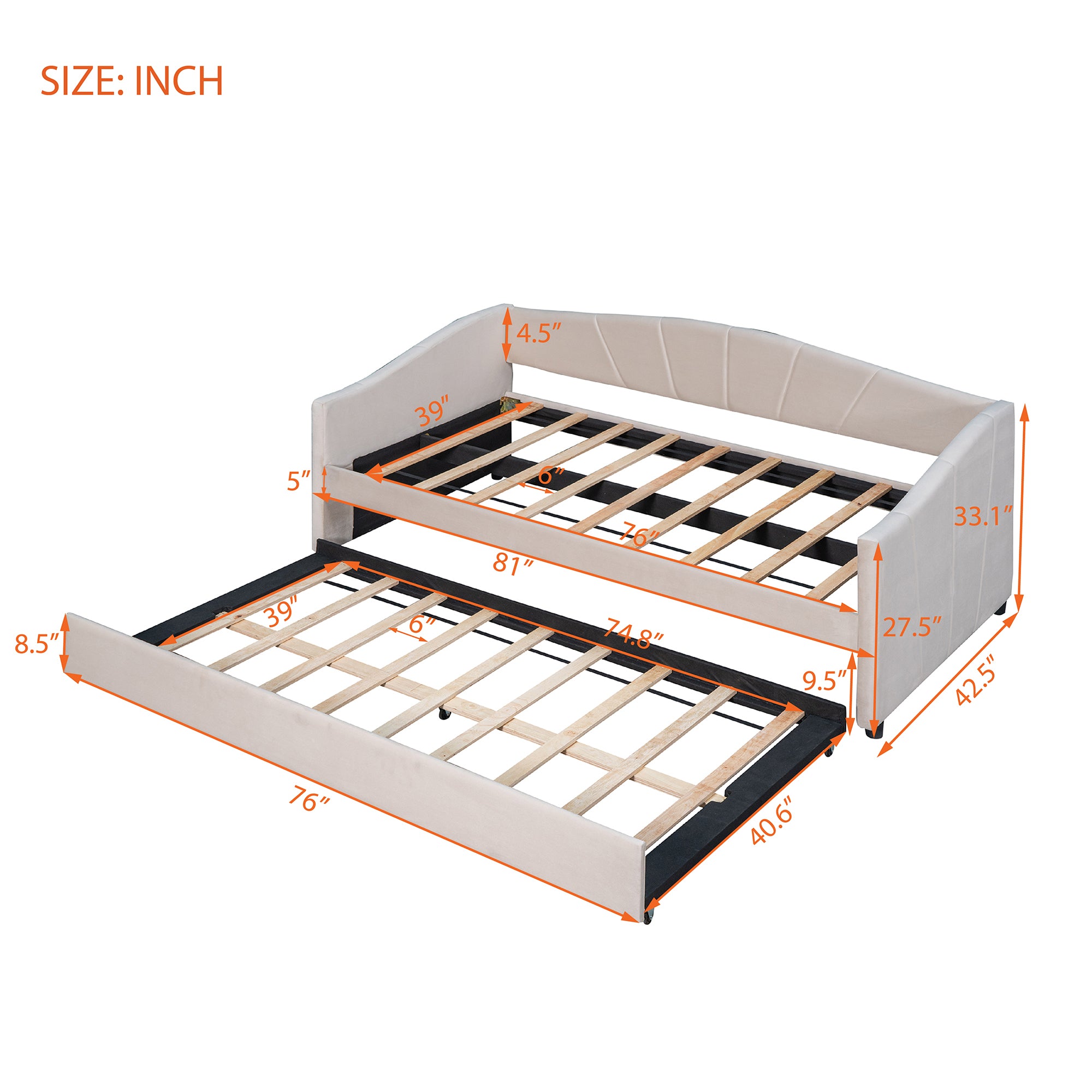 Upholstered Daybed Sofa Bed Twin Size With Trundle Bed and Wood Slat ,Beige - Abrihome