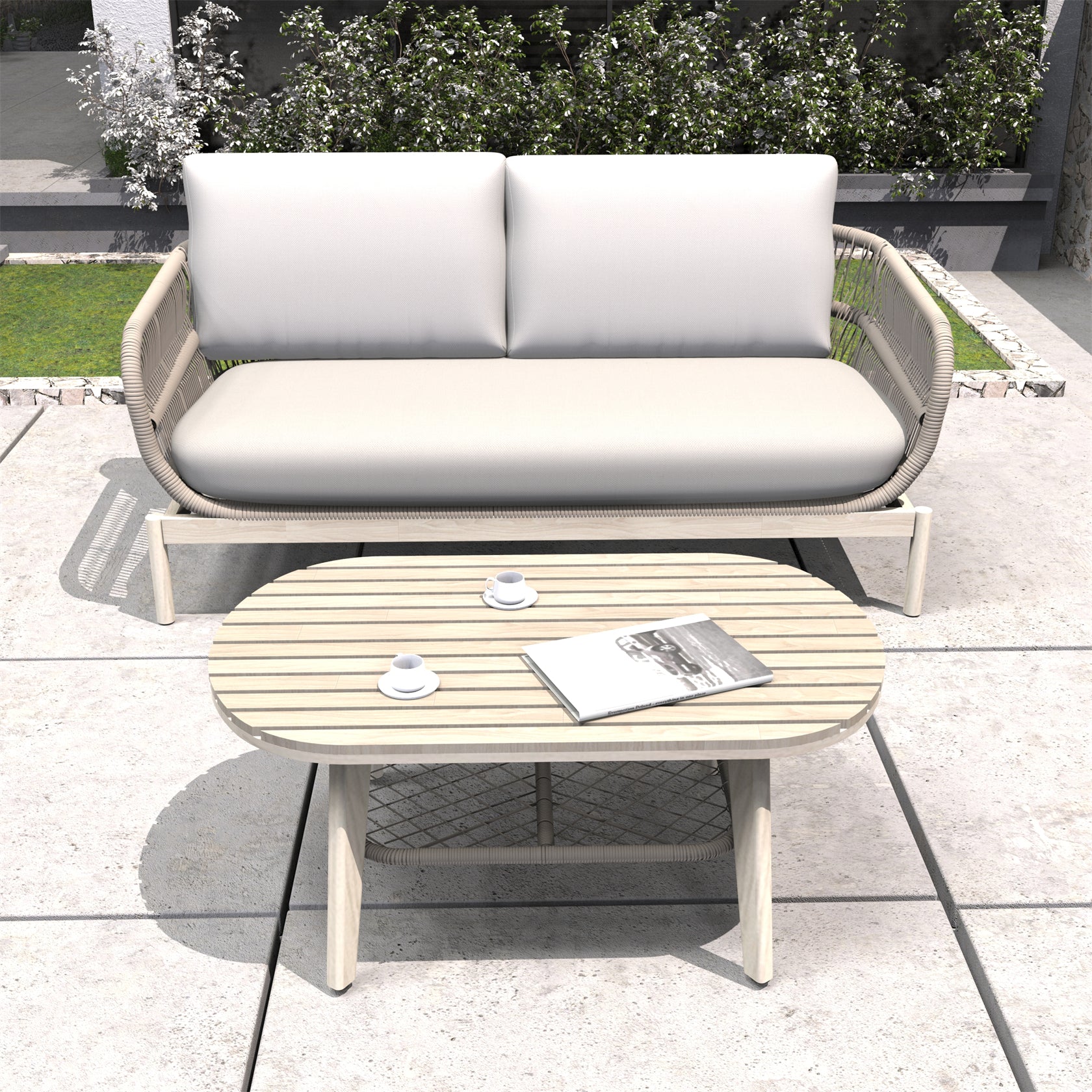 Woven Rope Acacia Wood Outdoor Chair & Bench Set (PAC-2524) - Abrihome