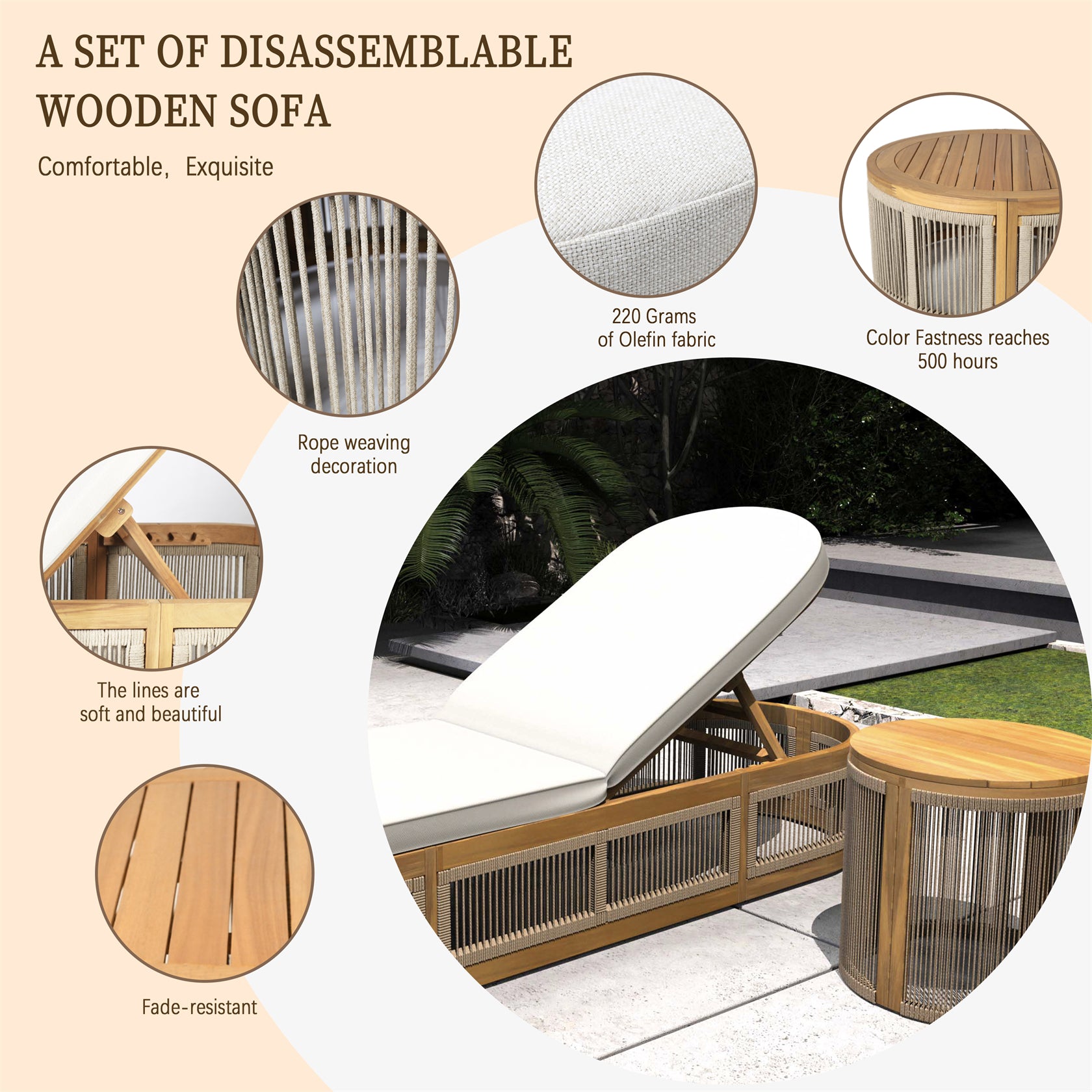 Rebel Woven Rope Lounger Set with Wooden Frame and Side Table(PAL-2518) - Abrihome