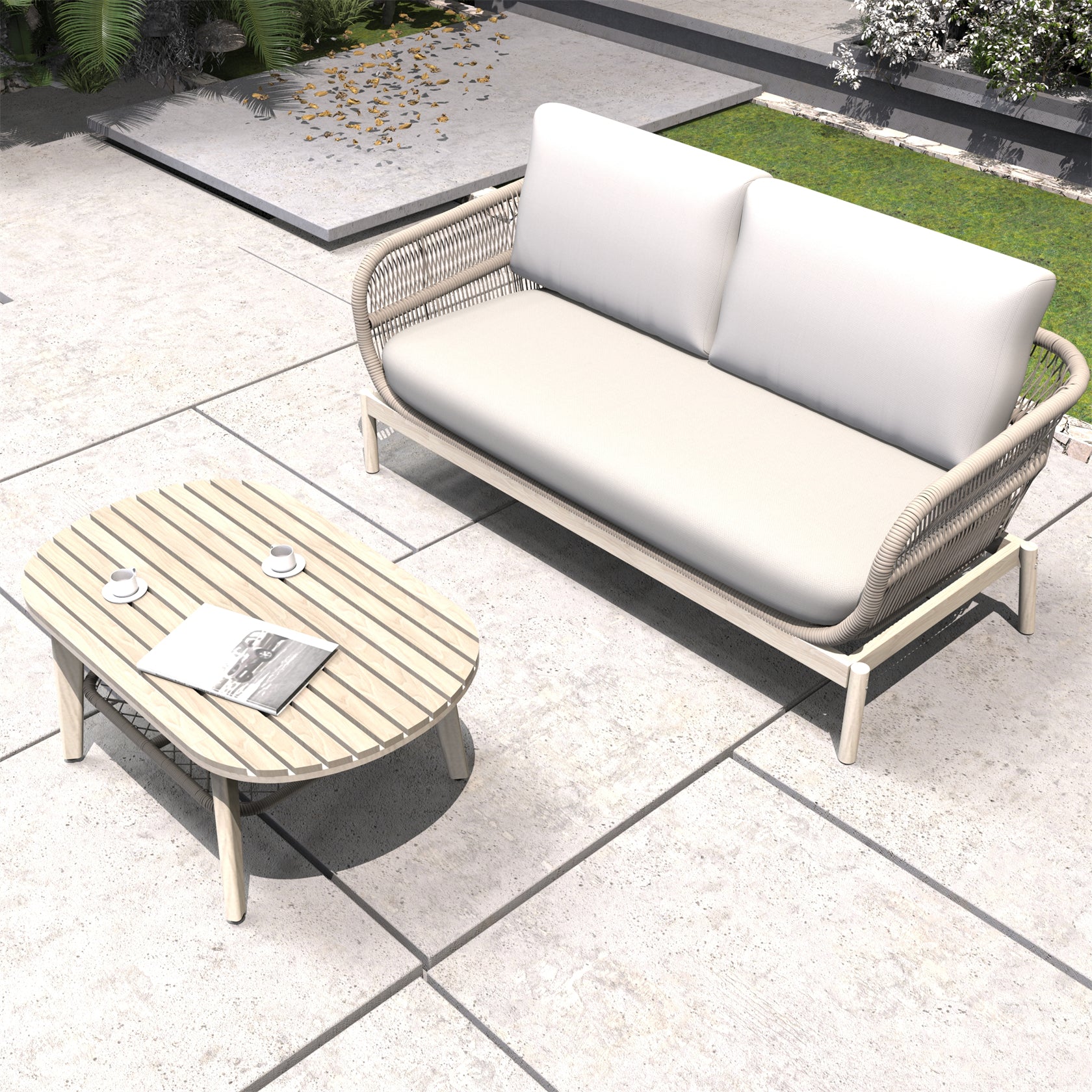 Woven Rope Acacia Wood Outdoor Chair & Bench Set (PAC-2524) - Abrihome