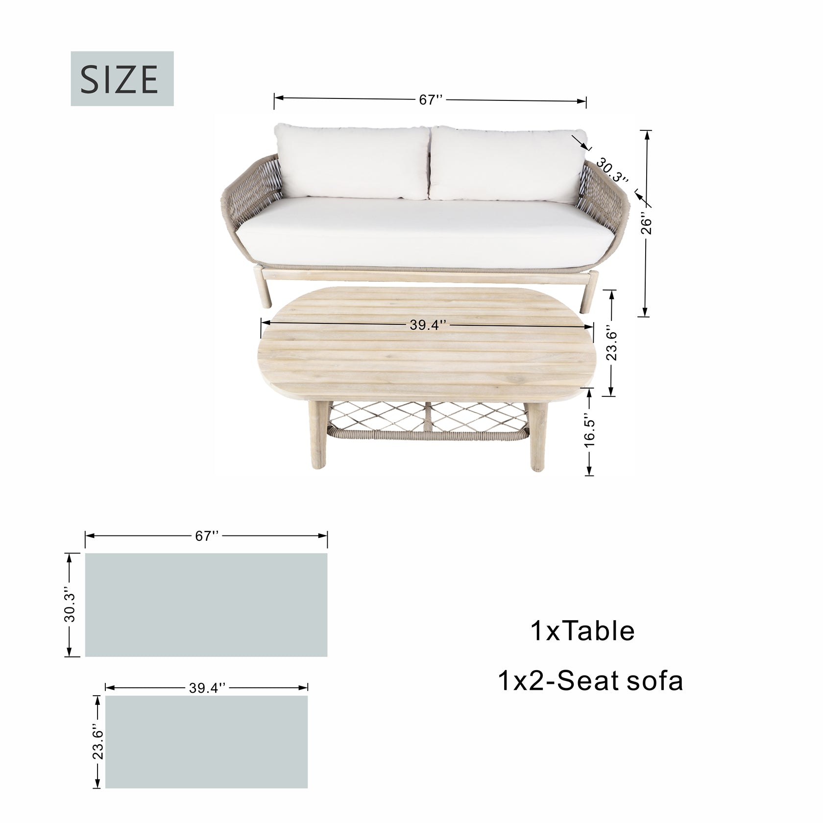 Woven Rope Acacia Wood Outdoor Chair & Bench Set (PAC-2524) - Abrihome
