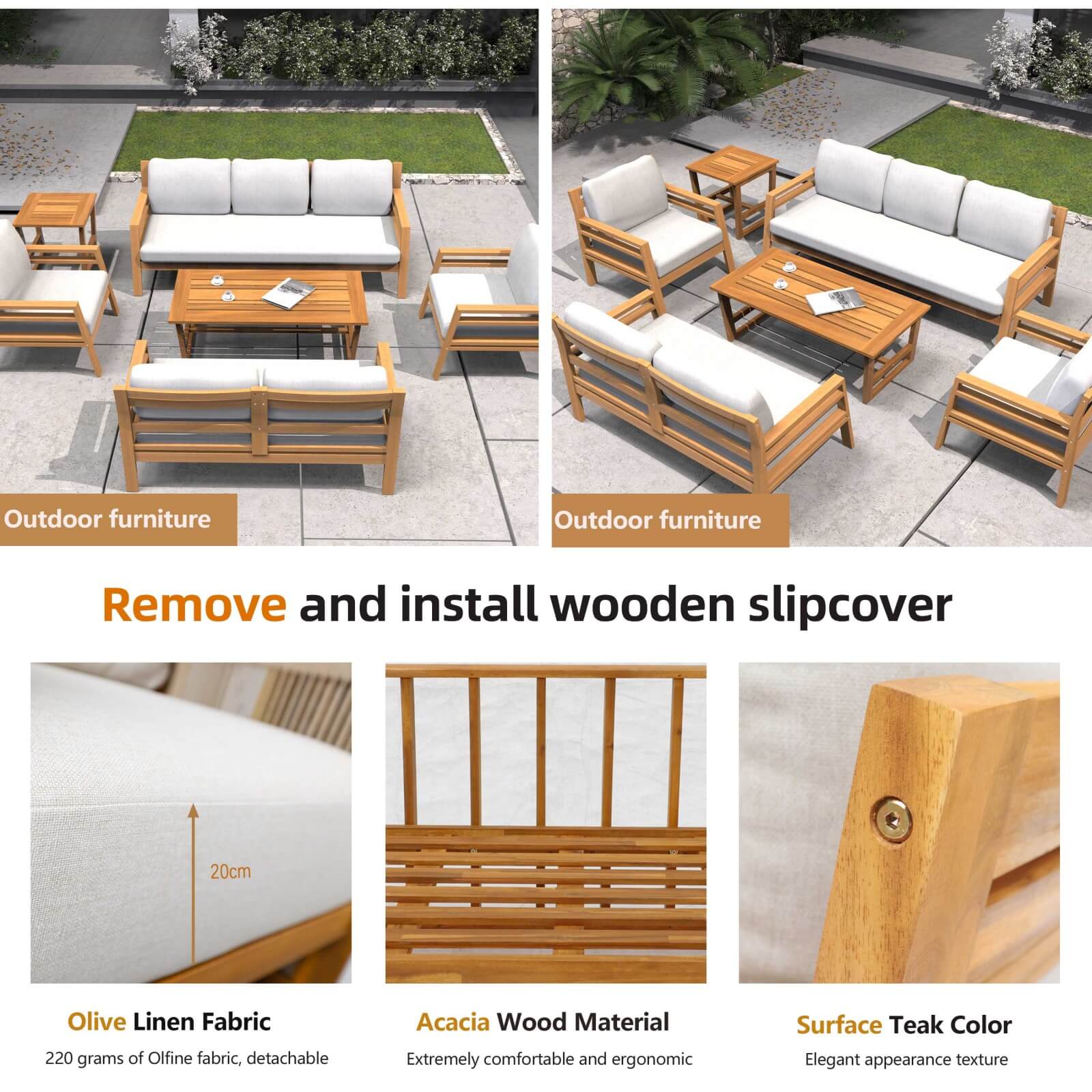 Teak-Look 5-Piece Patio Set with Plush Cushions(PAS-2520-19F-2SS+SS*2+TA+ST) - Abrihome
