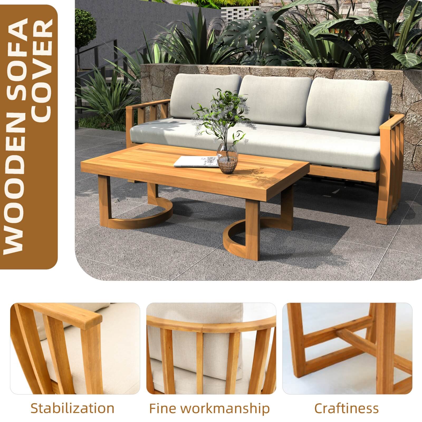 Stylish 5-Piece Acacia Wood Outdoor Sofa Set with Cushions(PAS-2521-19F-2SS+SS*2+TA+ST) - Abrihome