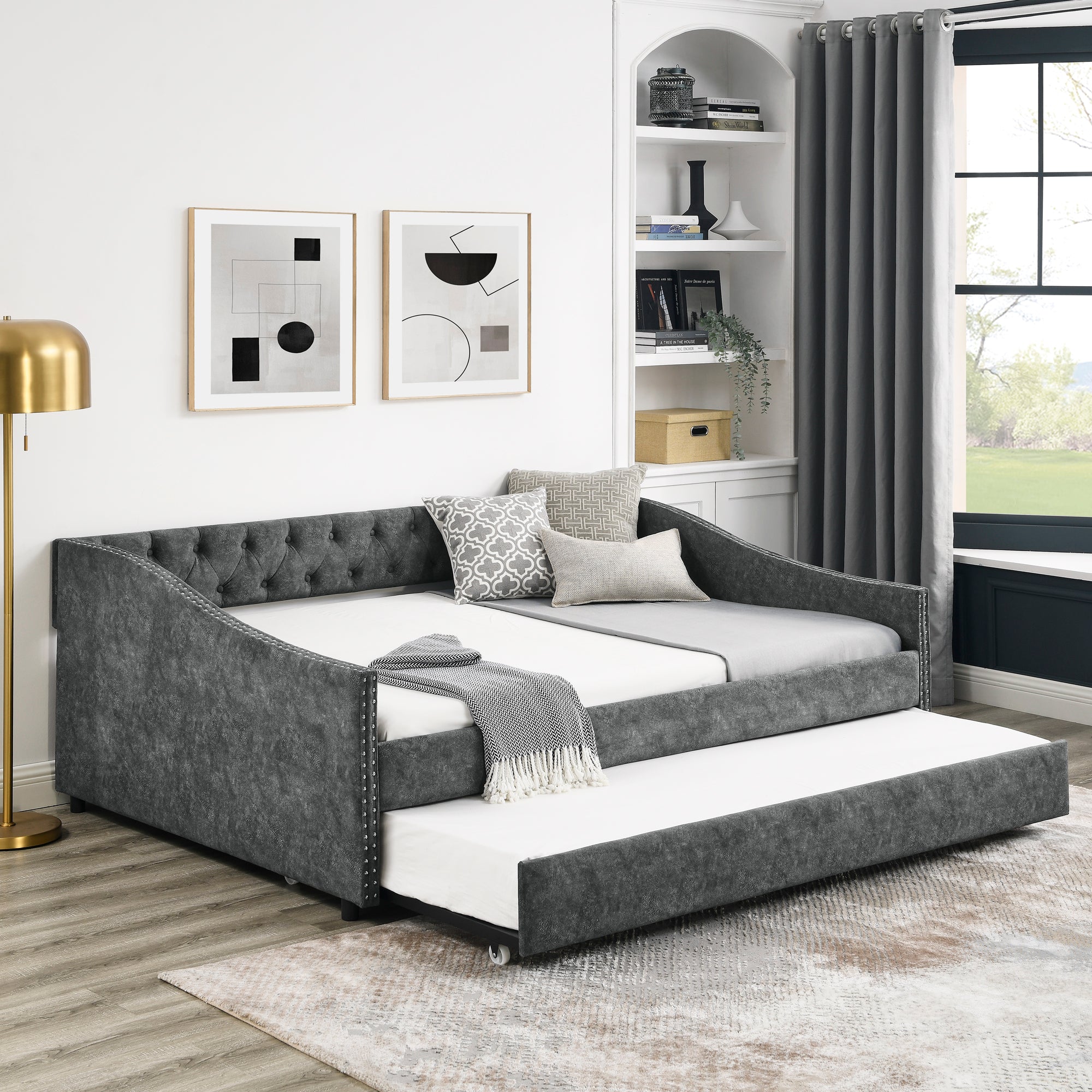 Full Size Daybed with Twin Size Trundle Upholstered Tufted Sofa Bed, with Button on Back and Copper Nail on Waved Shape Arms,Grey (80.5"x55.5"x27.5") - Abrihome