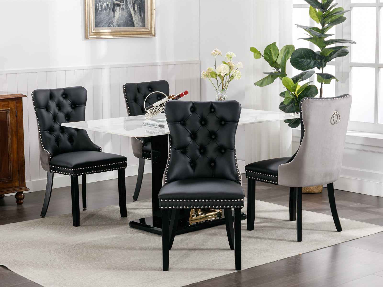 A&A Furniture,Nikki Collection Modern, High-end Tufted Solid Wood Contemporary PU and Velvet Upholstered Dining Chair with Wood Legs Nailhead Trim 2-Pcs Set,Black+Gray, SW2101BG