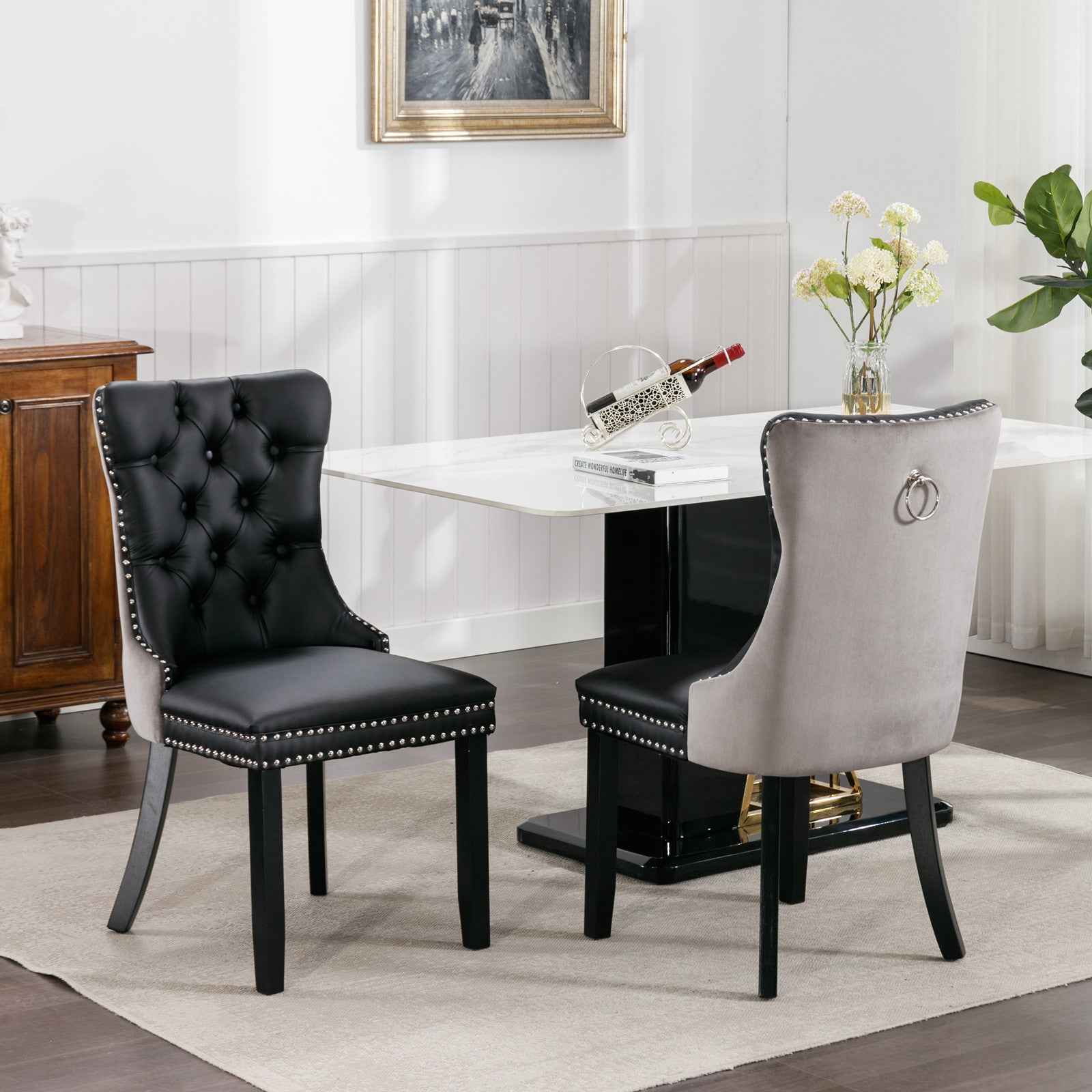 A&A Furniture,Nikki Collection Modern, High-end Tufted Solid Wood Contemporary PU and Velvet Upholstered Dining Chair with Wood Legs Nailhead Trim 2-Pcs Set,Black+Gray, SW2101BG