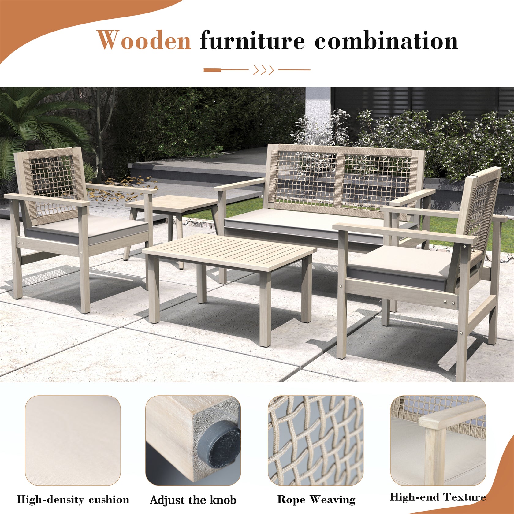Comfort Outdoor Seating Set – Acacia Wood Frame with Rope Design & Cushions(PAC-2523) - Abrihome