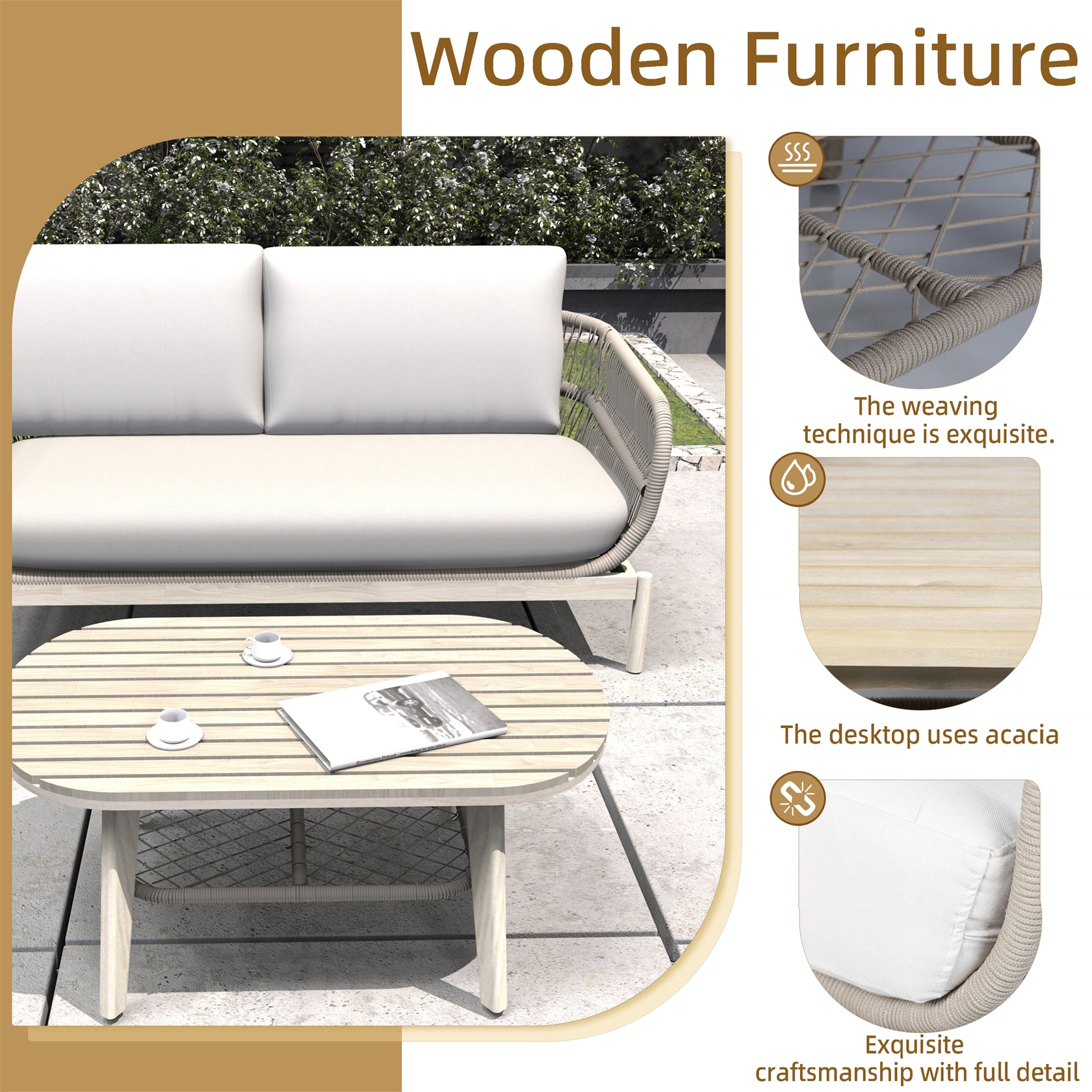 Woven Rope Acacia Wood Outdoor Chair & Bench Set (PAC-2524) - Abrihome