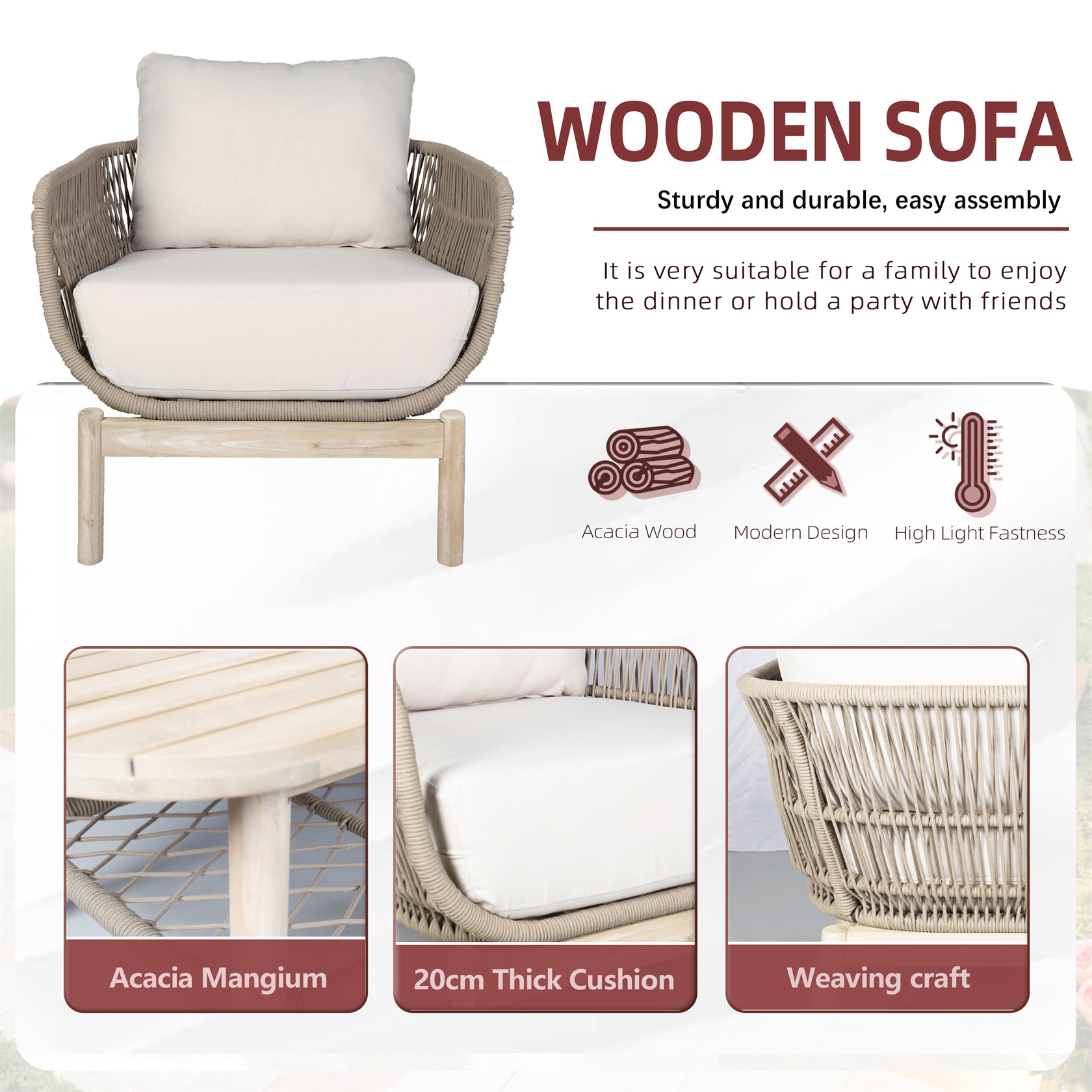 Woven Rope Acacia Wood Outdoor Chair & Bench Set (PAC-2524) - Abrihome