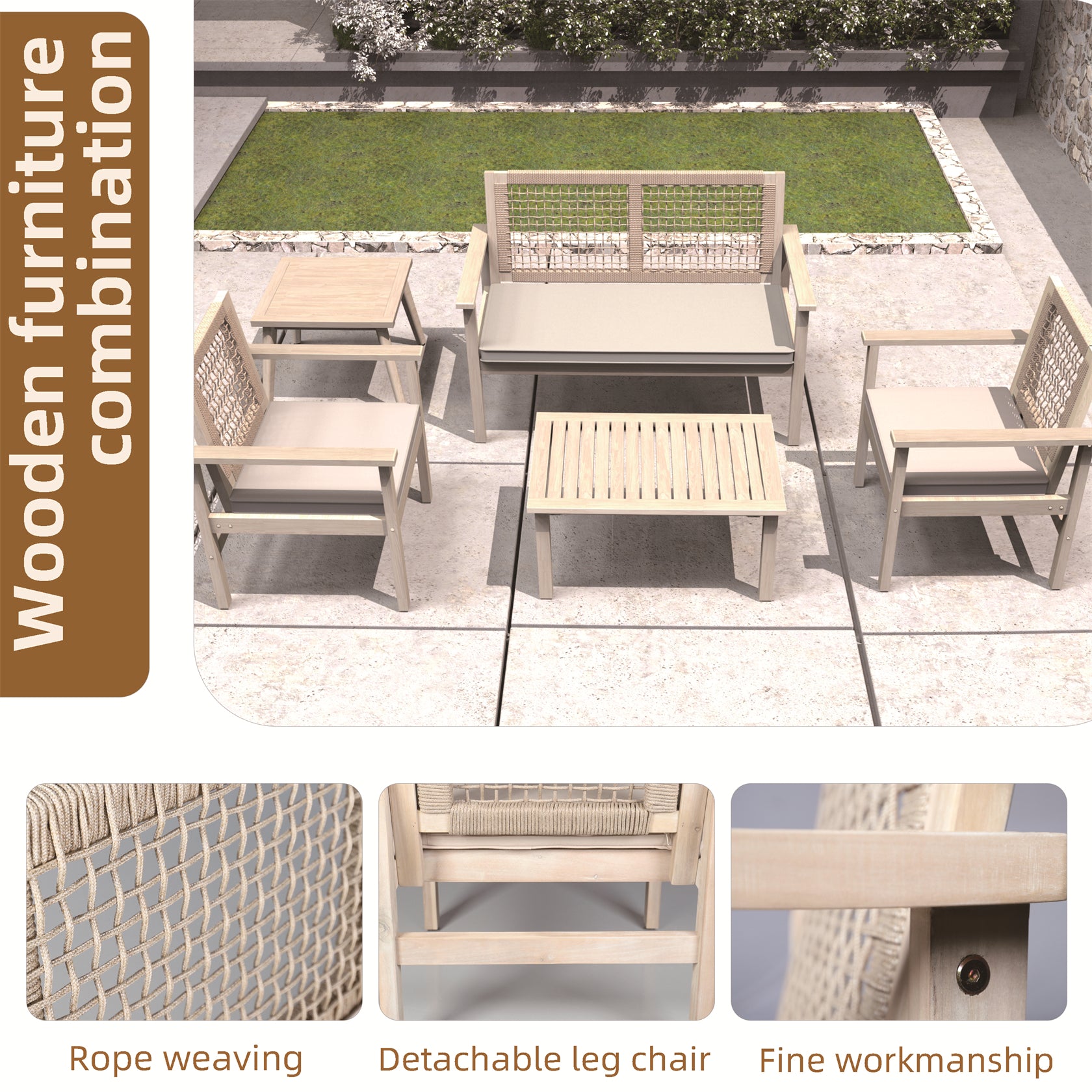 Comfort Outdoor Seating Set – Acacia Wood Frame with Rope Design & Cushions(PAC-2523) - Abrihome