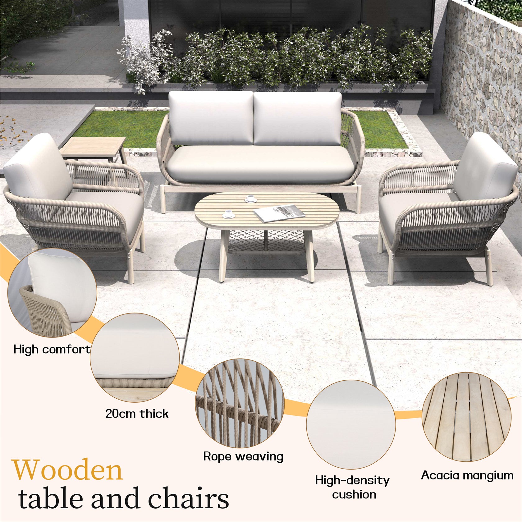 Woven Rope Acacia Wood Outdoor Chair & Bench Set (PAC-2524) - Abrihome