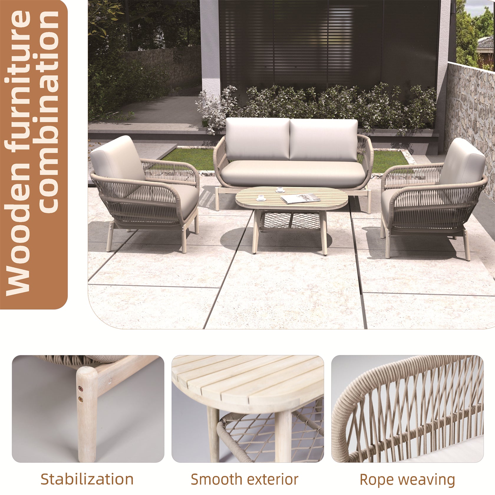 Woven Rope Acacia Wood Outdoor Chair & Bench Set (PAC-2524) - Abrihome