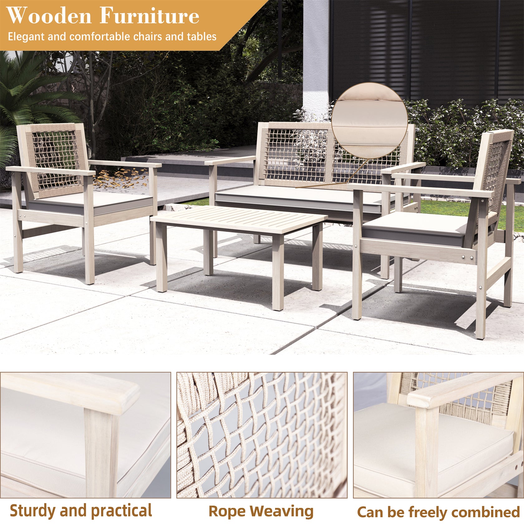 Comfort Outdoor Seating Set – Acacia Wood Frame with Rope Design & Cushions(PAC-2523) - Abrihome
