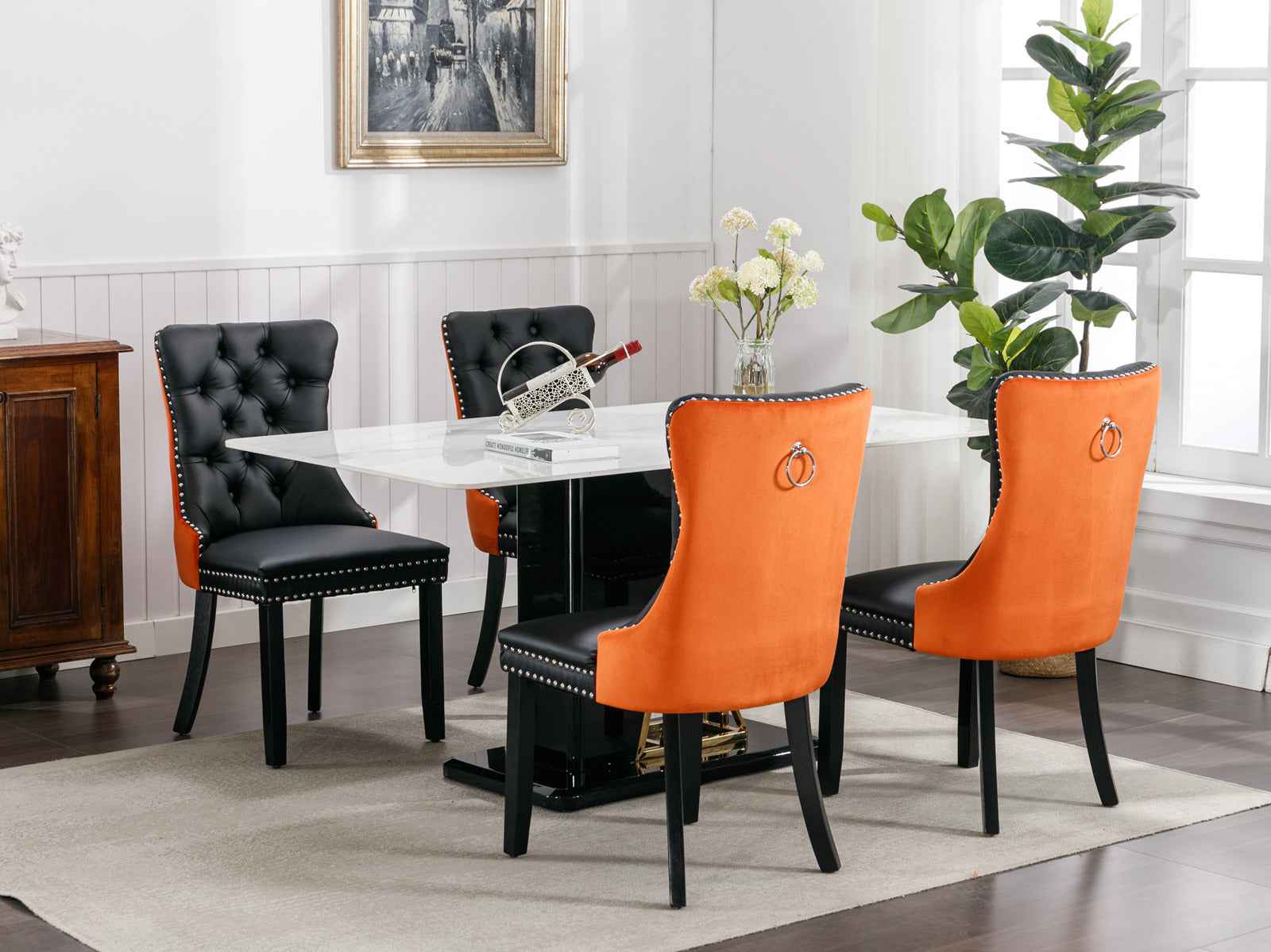 A&A Furniture,Nikki Collection Modern, High-end Tufted Solid Wood Contemporary PU and Velvet Upholstered Dining Chair with Wood Legs Nailhead Trim 2-Pcs Set,Black+Orange, SW2101BO