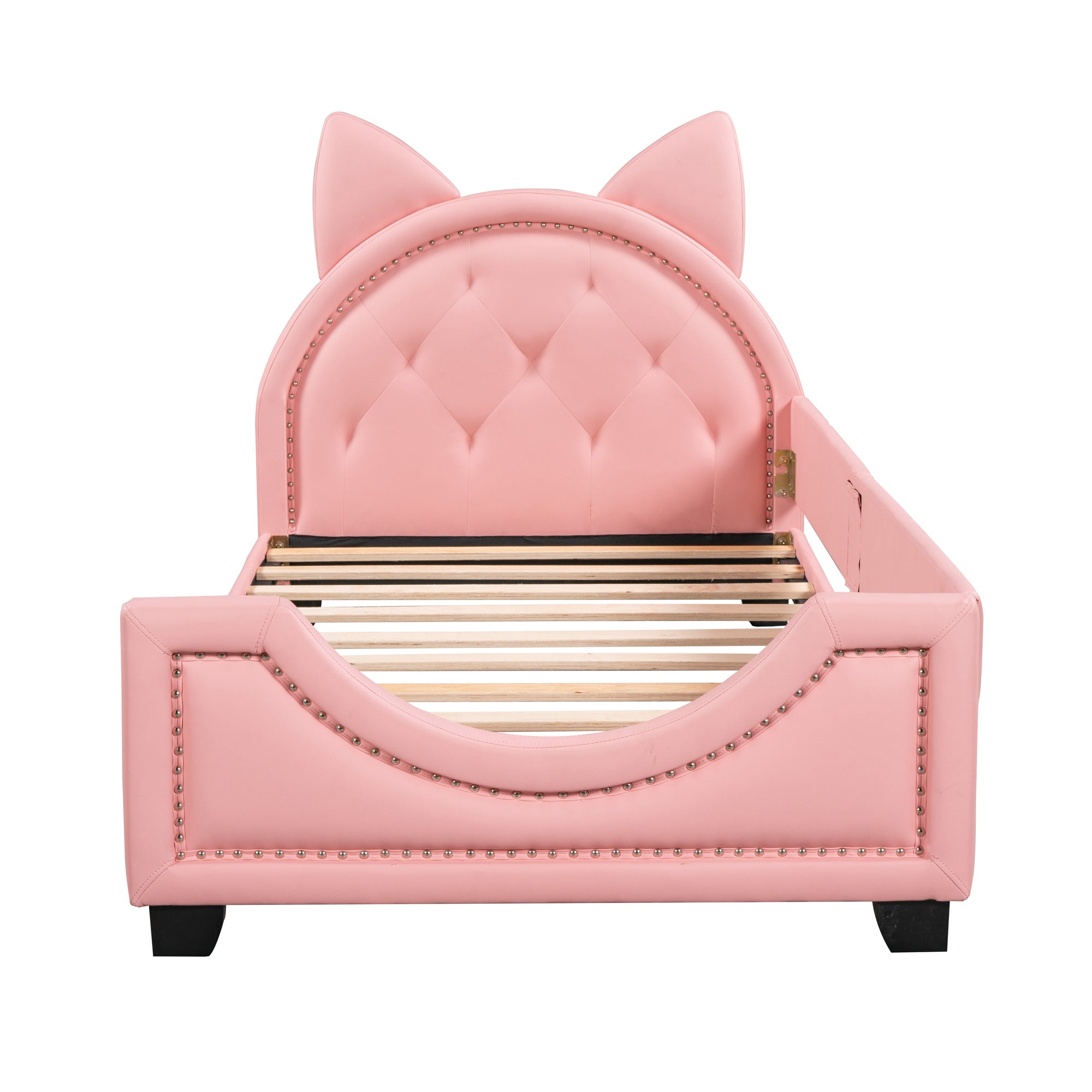 Twin Size Upholstered Daybed with Carton Ears Shaped Headboard, Pink - Abrihome