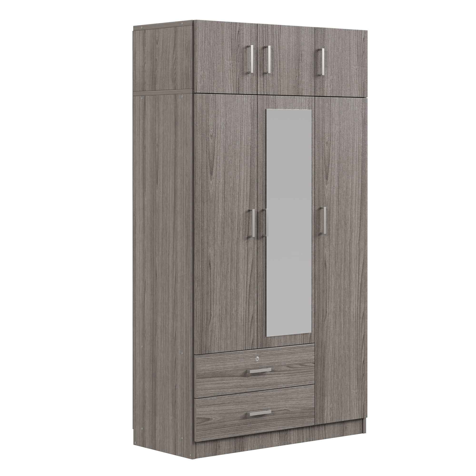3-Door Mirror Wardrobe with 2 Drawers and Top Cabinet,Gray