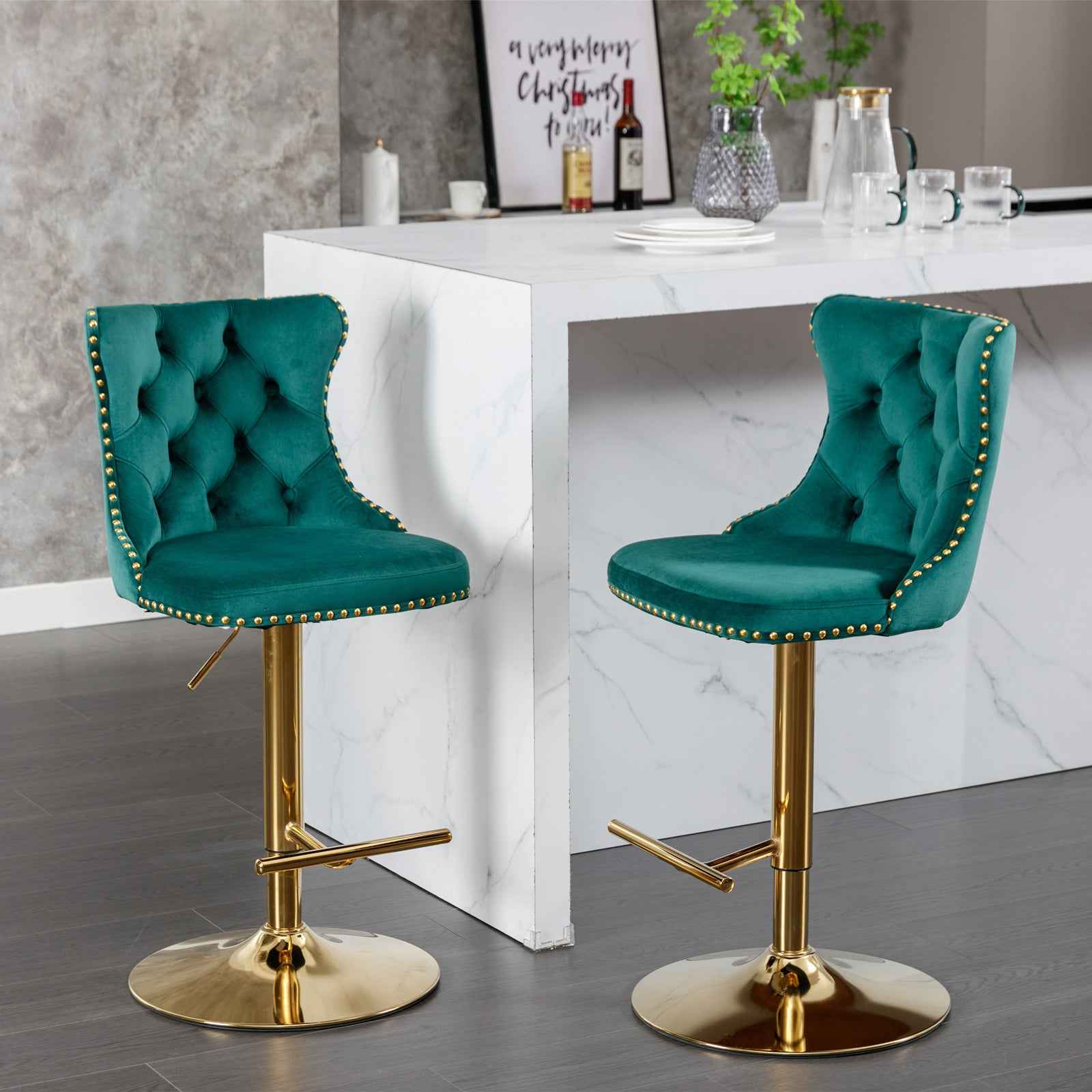 A&A Furniture,Golden Swivel Velvet Barstools Adjusatble Seat Height from 25-33 Inch, Modern Upholstered Bar Stools with Backs Comfortable Tufted for Home Pub and Kitchen Island(Green,Set of 2)