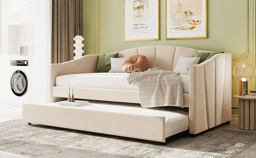 Upholstered Daybed Sofa Bed Twin Size With Trundle Bed and Wood Slat ,Beige - Abrihome