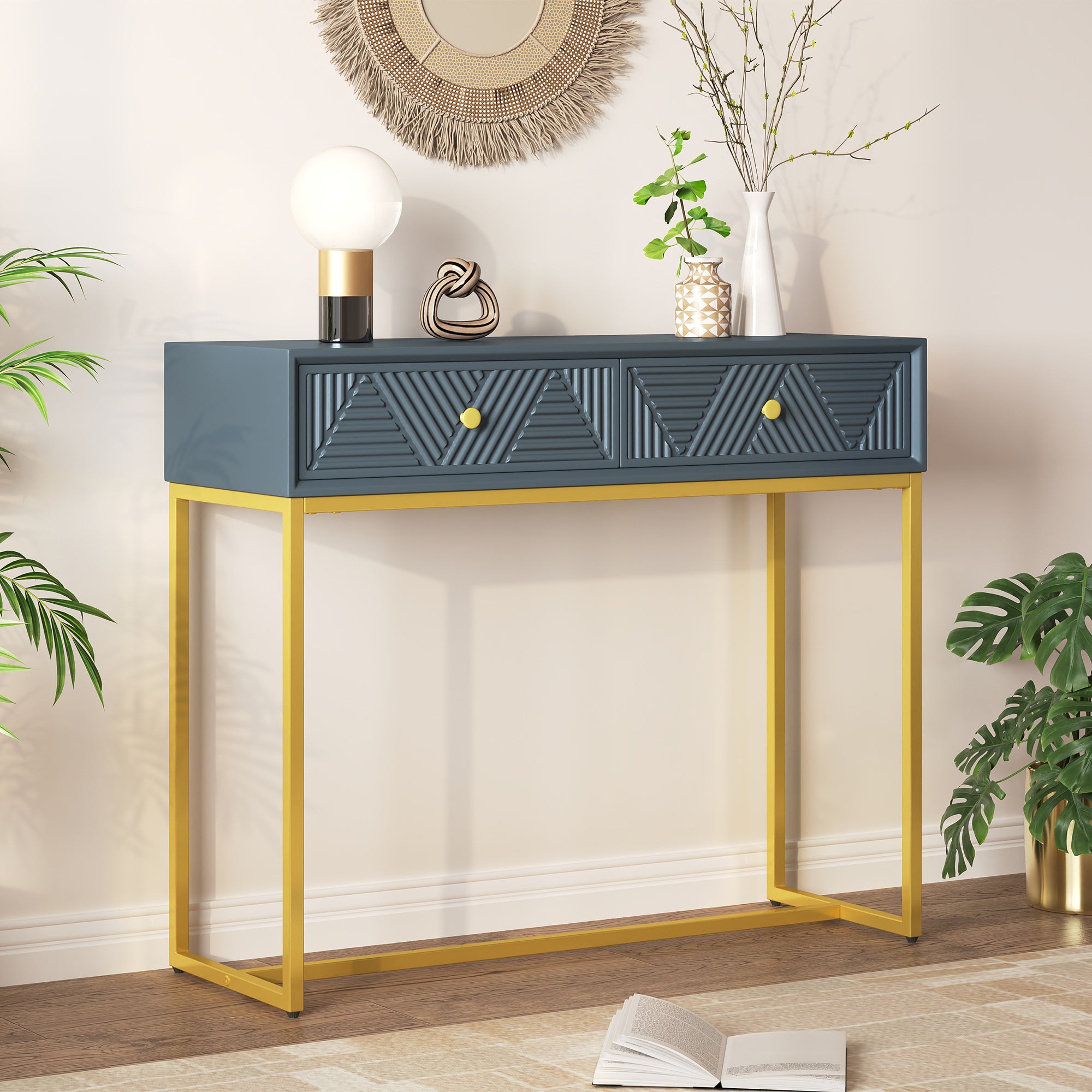TREXM Modern Sleek Console Table Two Drawers with Stripe Design for Living Room and Entryway (Grey)
