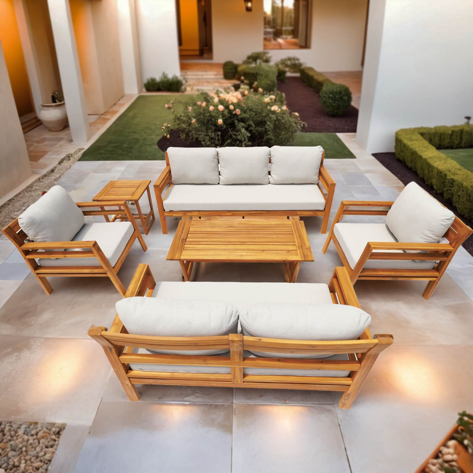 7-Piece Acacia Wood Outdoor Set – Teak Sofas & Tables with Cushions(PAS-2520-19F-3SS+2SS+SS*2+TA+ST) - Abrihome