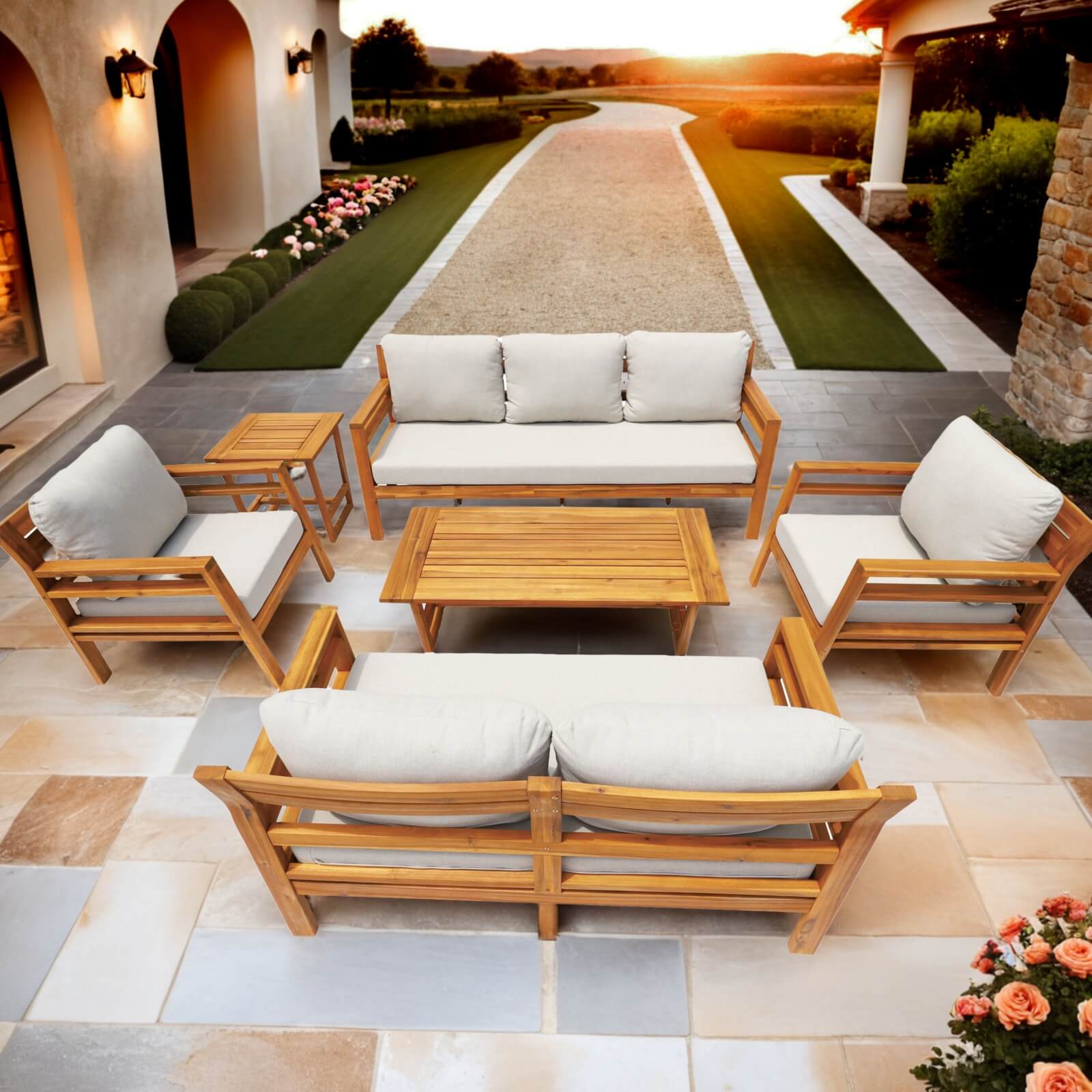 7-Piece Acacia Wood Outdoor Set – Teak Sofas & Tables with Cushions(PAS-2520-19F-3SS+2SS+SS*2+TA+ST) - Abrihome