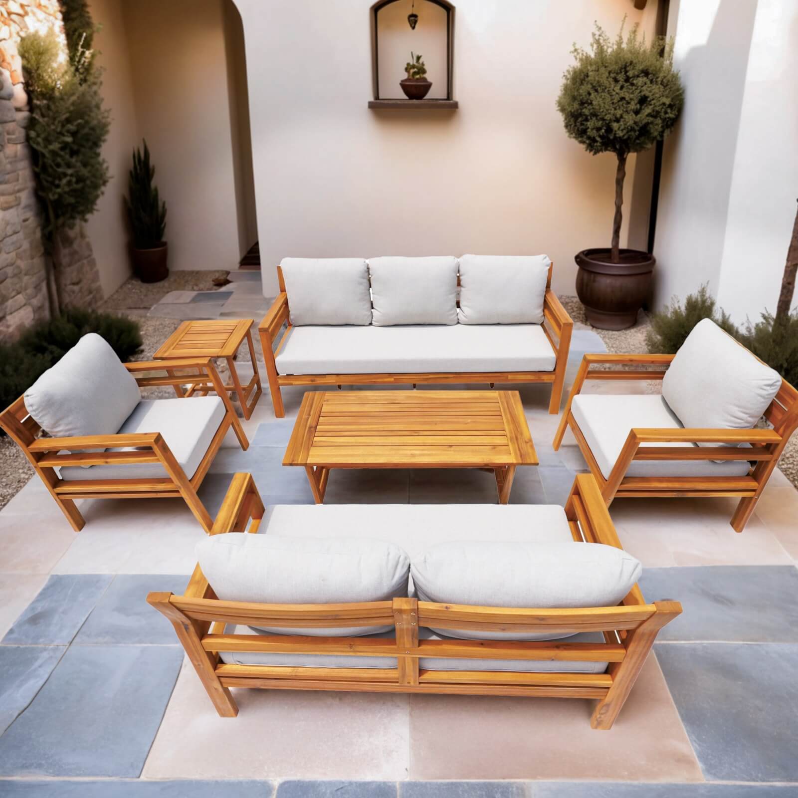 7-Piece Acacia Wood Outdoor Set – Teak Sofas & Tables with Cushions(PAS-2520-19F-3SS+2SS+SS*2+TA+ST) - Abrihome