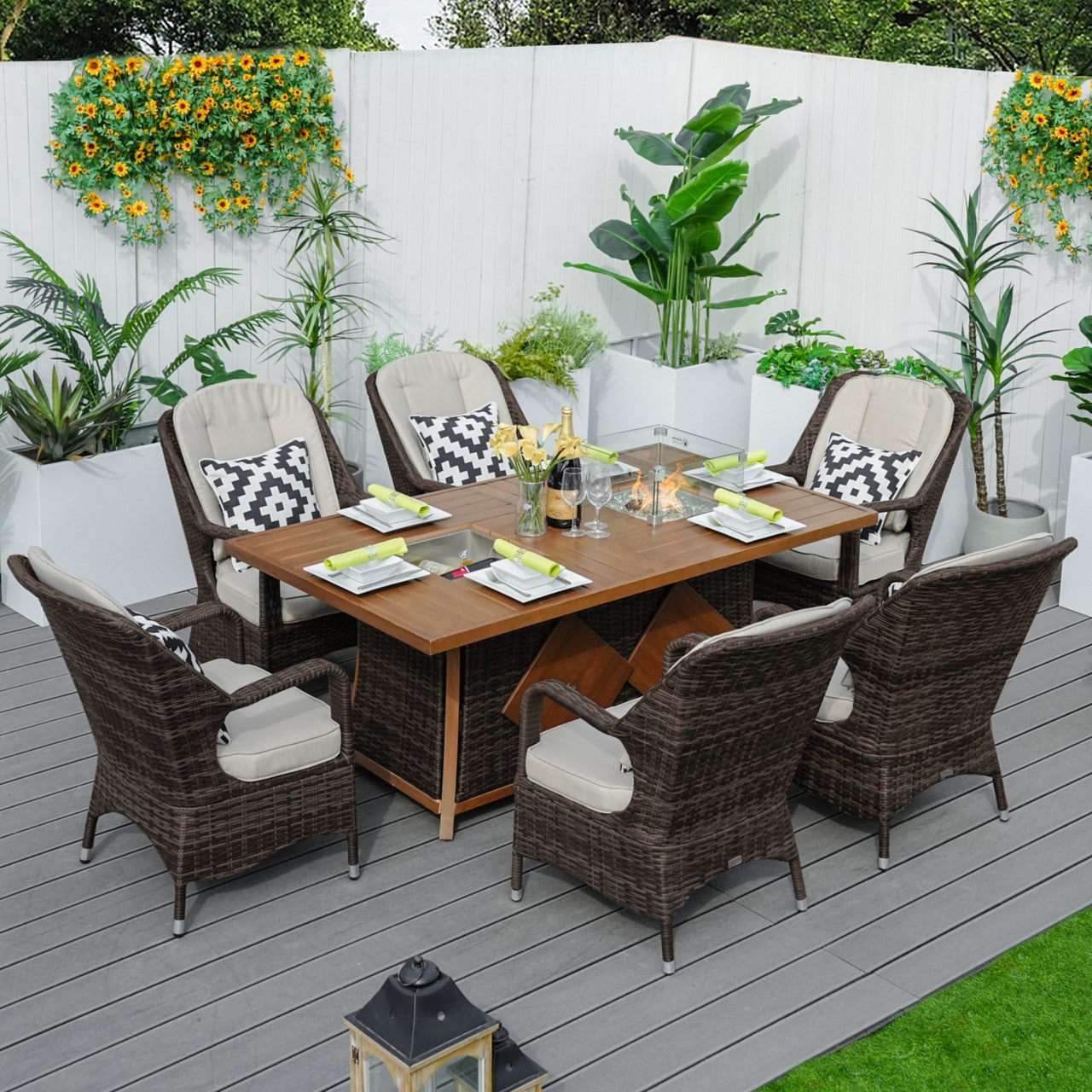 Outdoor 6-Seat Dining Set with Fire Pit Table and Ice Bucket(PAG-1106FI-SET)