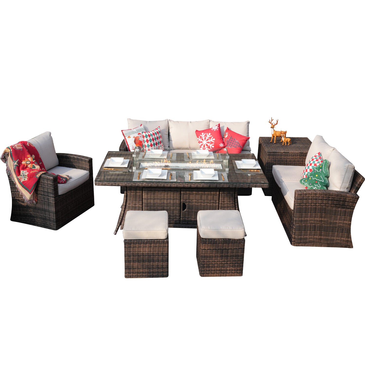 Gas Fire Rectangle Table Patio Wicker Dining Table with Sofa Set(BBQ Plate needs to be purchased separately)