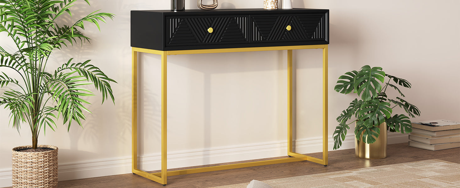 TREXM Modern Sleek Console Table Two Drawers with Stripe Design for Living Room and Entryway (Black) - Abrihome