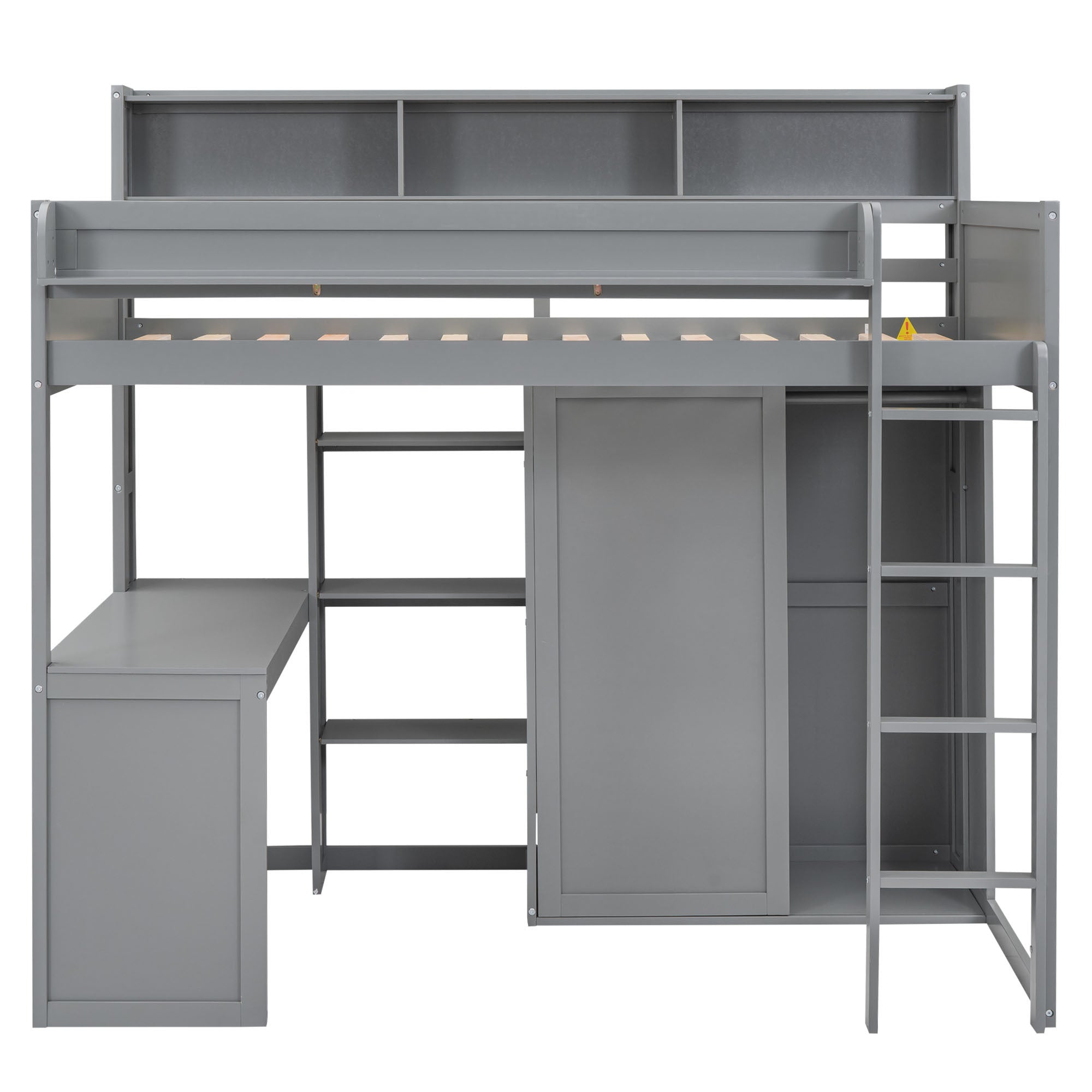 Wood Twin Size Loft bed with Multiple Storage Shelves and Wardrobe, Gray - Abrihome