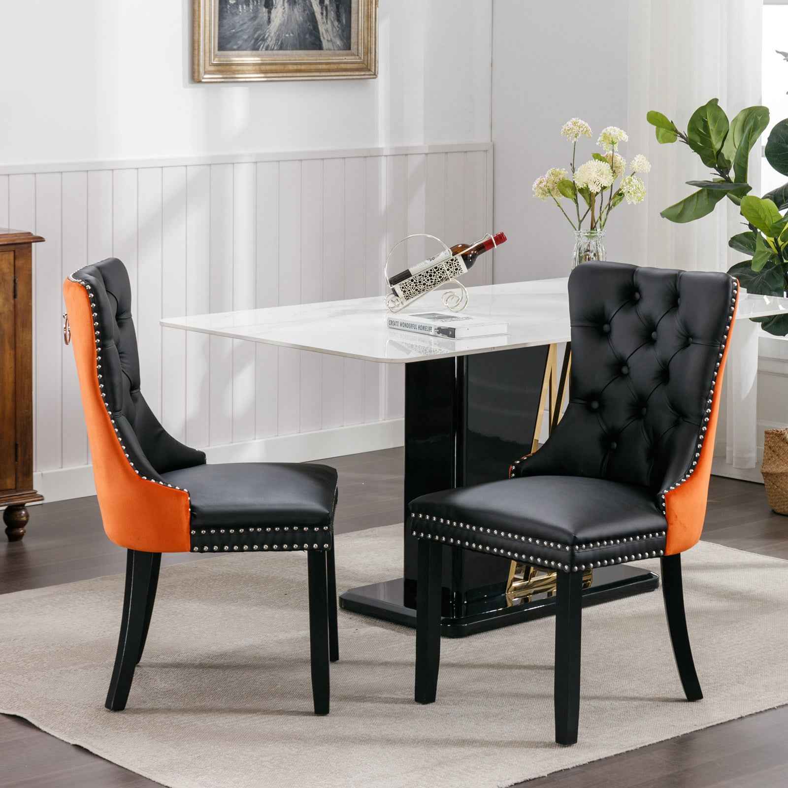 A&A Furniture,Nikki Collection Modern, High-end Tufted Solid Wood Contemporary PU and Velvet Upholstered Dining Chair with Wood Legs Nailhead Trim 2-Pcs Set,Black+Orange, SW2101BO