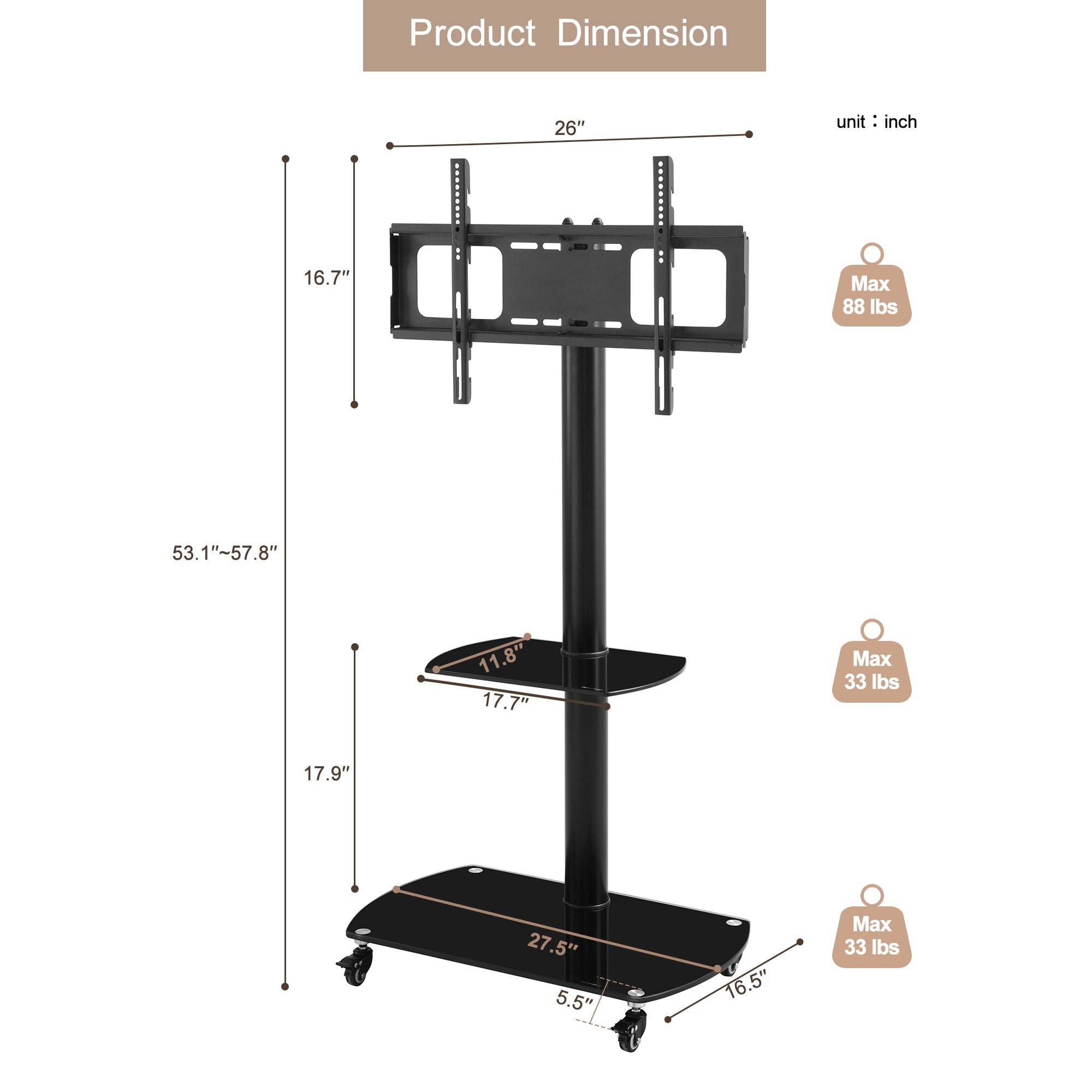Height and Angle Adjustable Multi-Function Tempered Glass Metal Frame Floor With Lockable Wheels Mobile TV Stand, LCD/Plasma TV bracket 2 Tier Tempered Glass Shelves For Multiple Media Devices - Abrihome