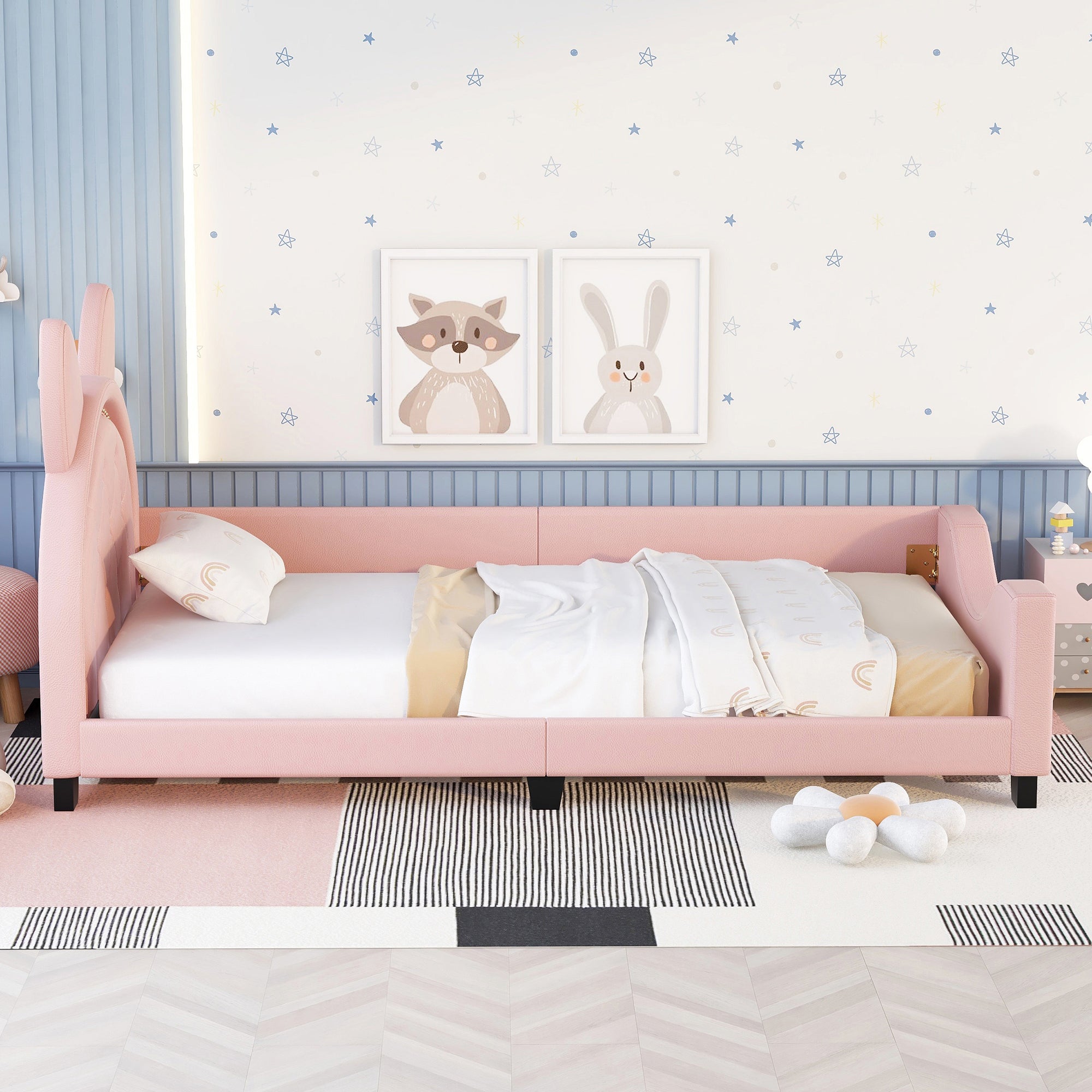 Twin Size Upholstered Daybed with Carton Ears Shaped Headboard, Pink - Abrihome