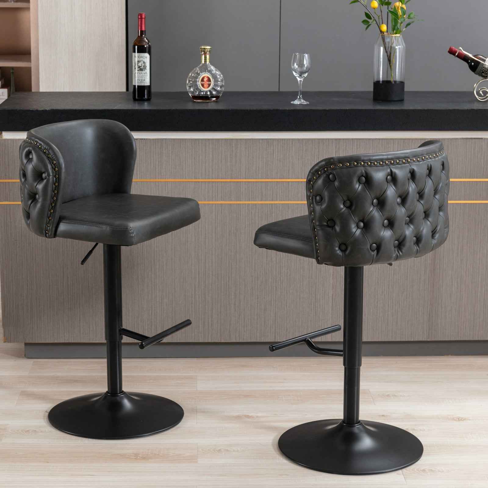 A&A Furniture,Swivel Barstools Adjusatble Seat Height, Modern PU Upholstered Bar Stools with the whole Back Tufted, for Home Pub and Kitchen Island(Dark Gray, Set of 2)