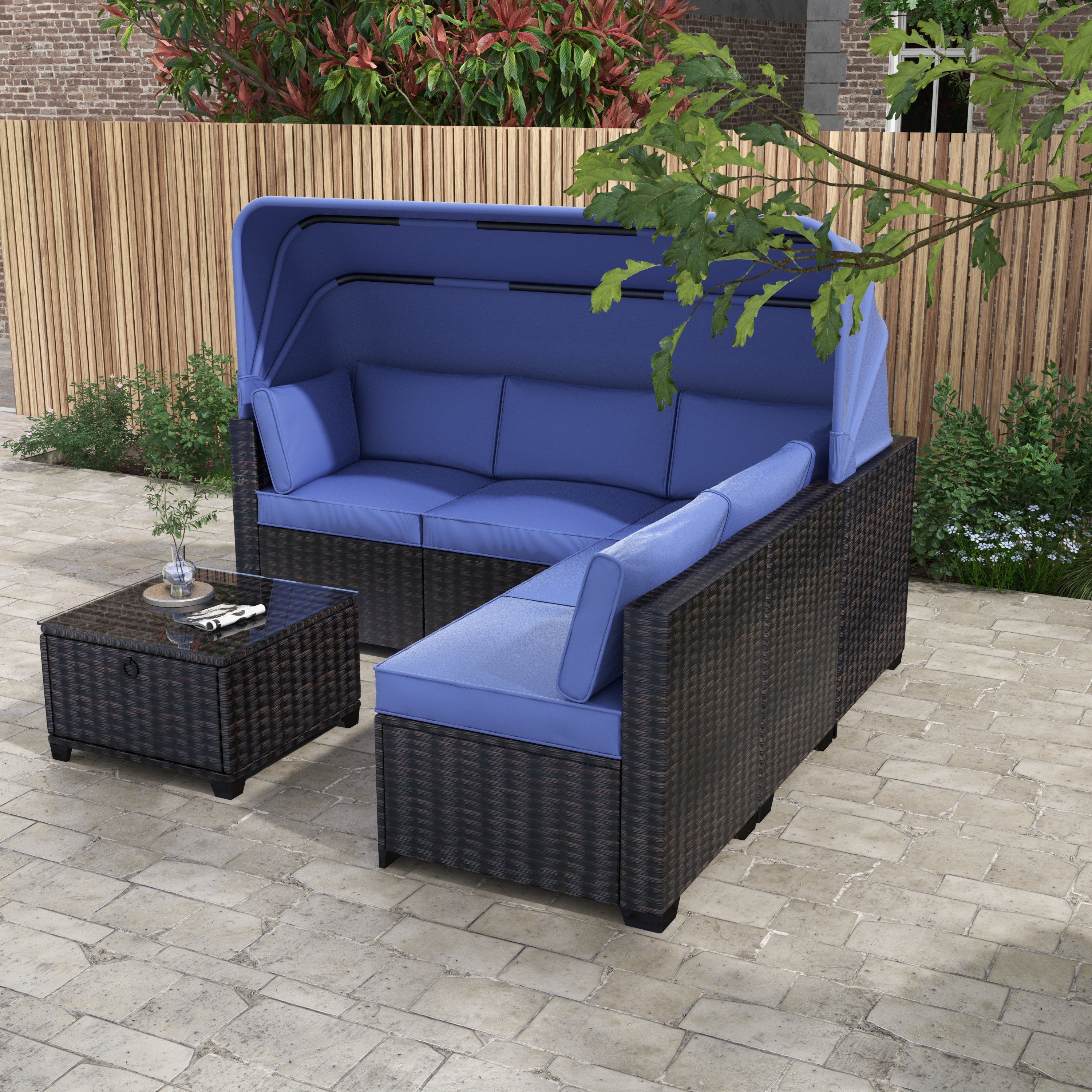 Outdoor Daybed with Canopy, Convertible Patio Sofa Set with Lifting Table, UV-Proof Wicker Conversation Furniture with Ottoman, 1A