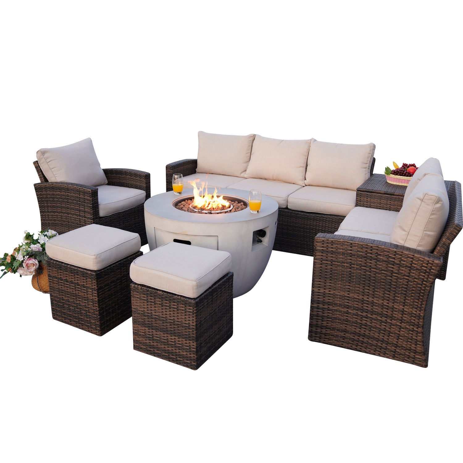 Abrihome Aurora 7PCS Patio Garden Rattan Wicker Dining Sofa Fire Table Set