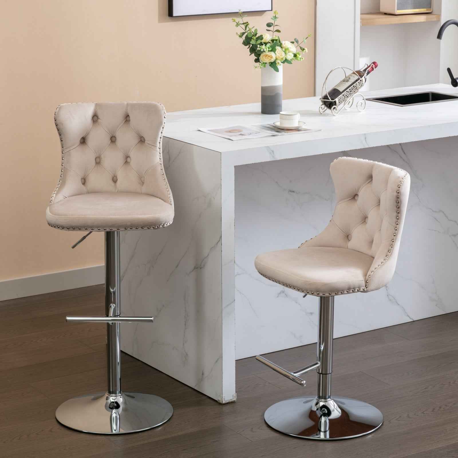 Swivel Velvet Barstools Adjusatble Seat Height from 25-33 Inch, Modern Upholstered Chrome base Bar Stools with Backs Comfortable Tufted for Home Pub and Kitchen Island, Beige,Set of 2